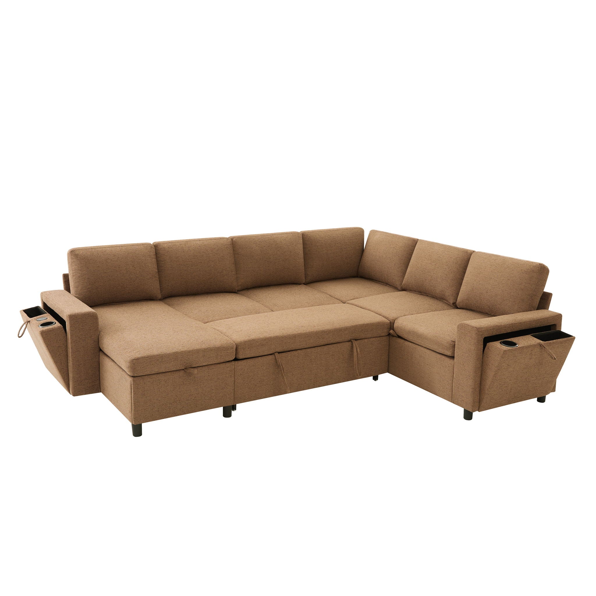 U - Shaped Convertible Sectional Sofa Bed With Storage, USB Charger & Cup Holders