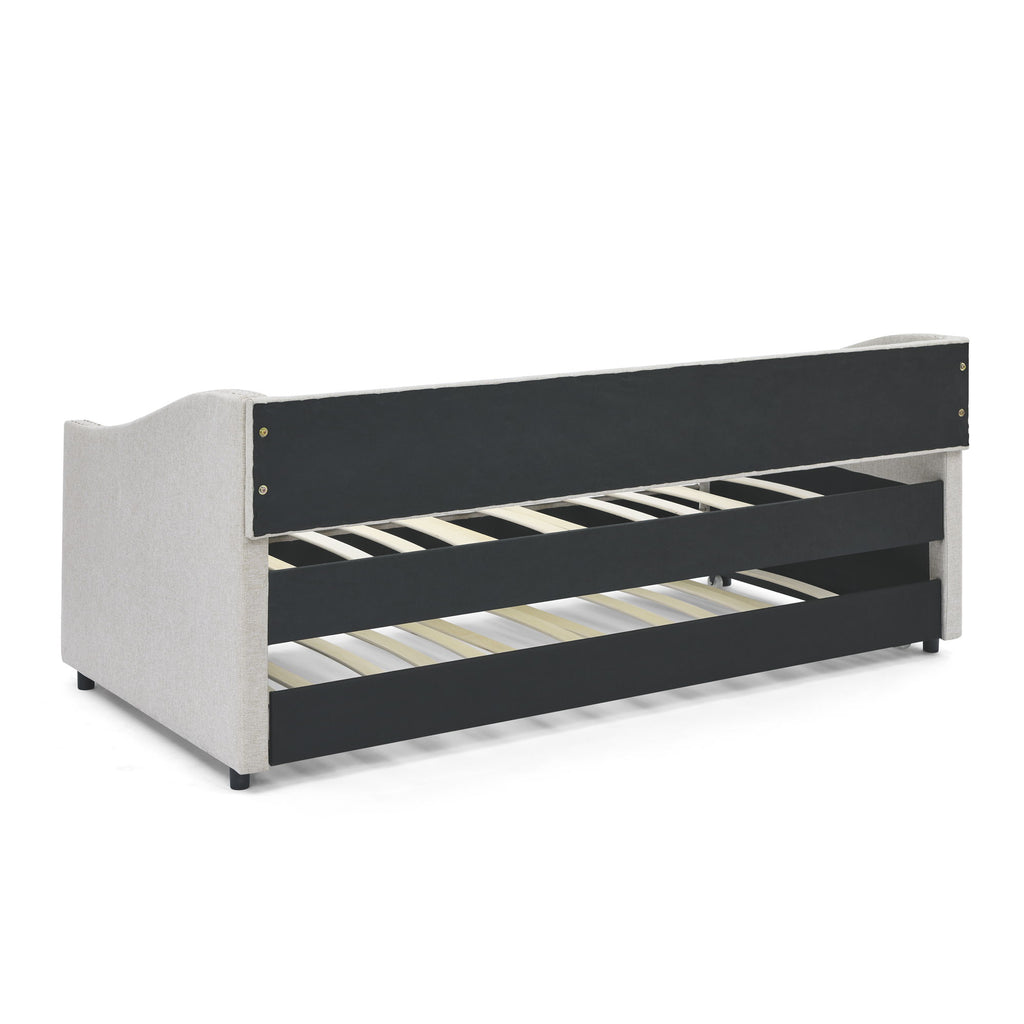 Upholstered Tufted Daybed With Drawers, Waved Arms