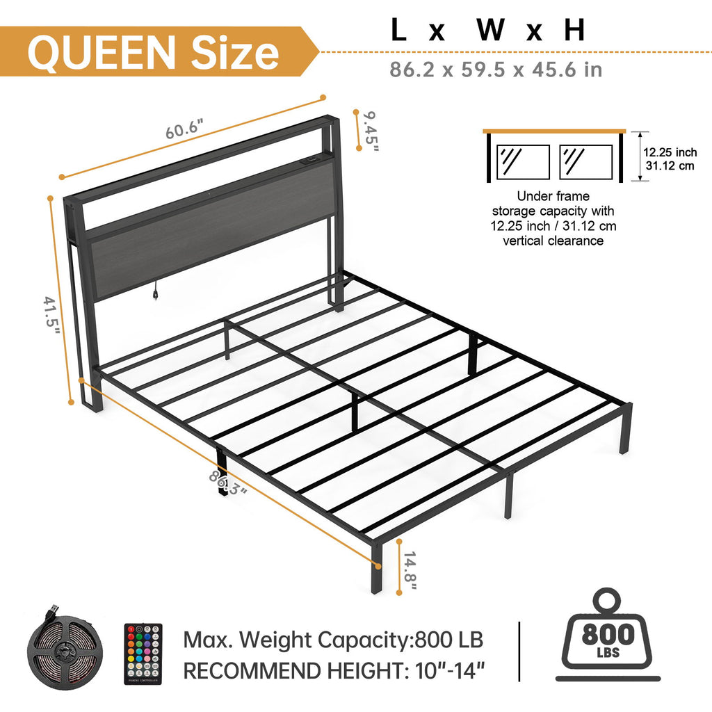 Bed Frame With Headboard, LED Lights & Charging Station