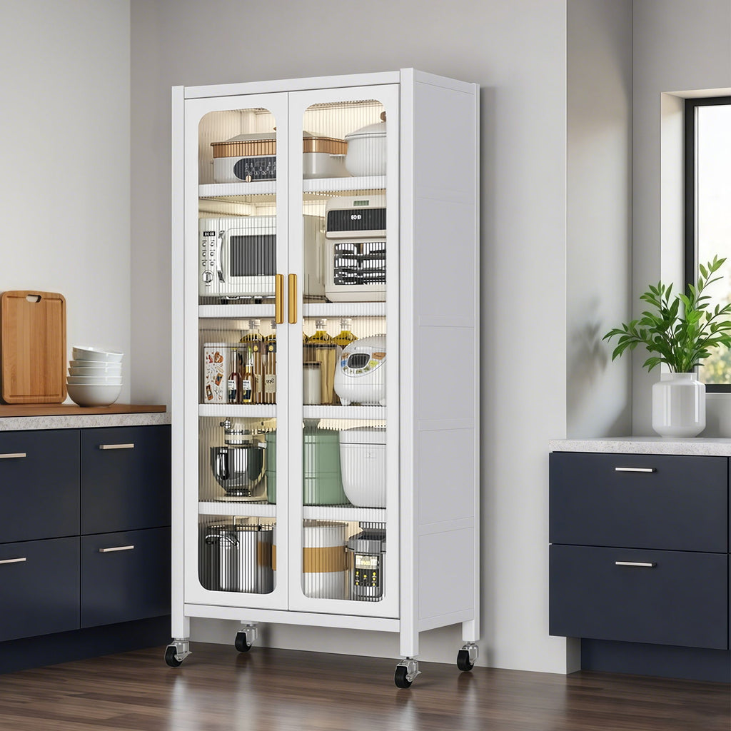 6 Tier Storage Cabinet With Transparent Door, Adjustable Shelves & Wheels