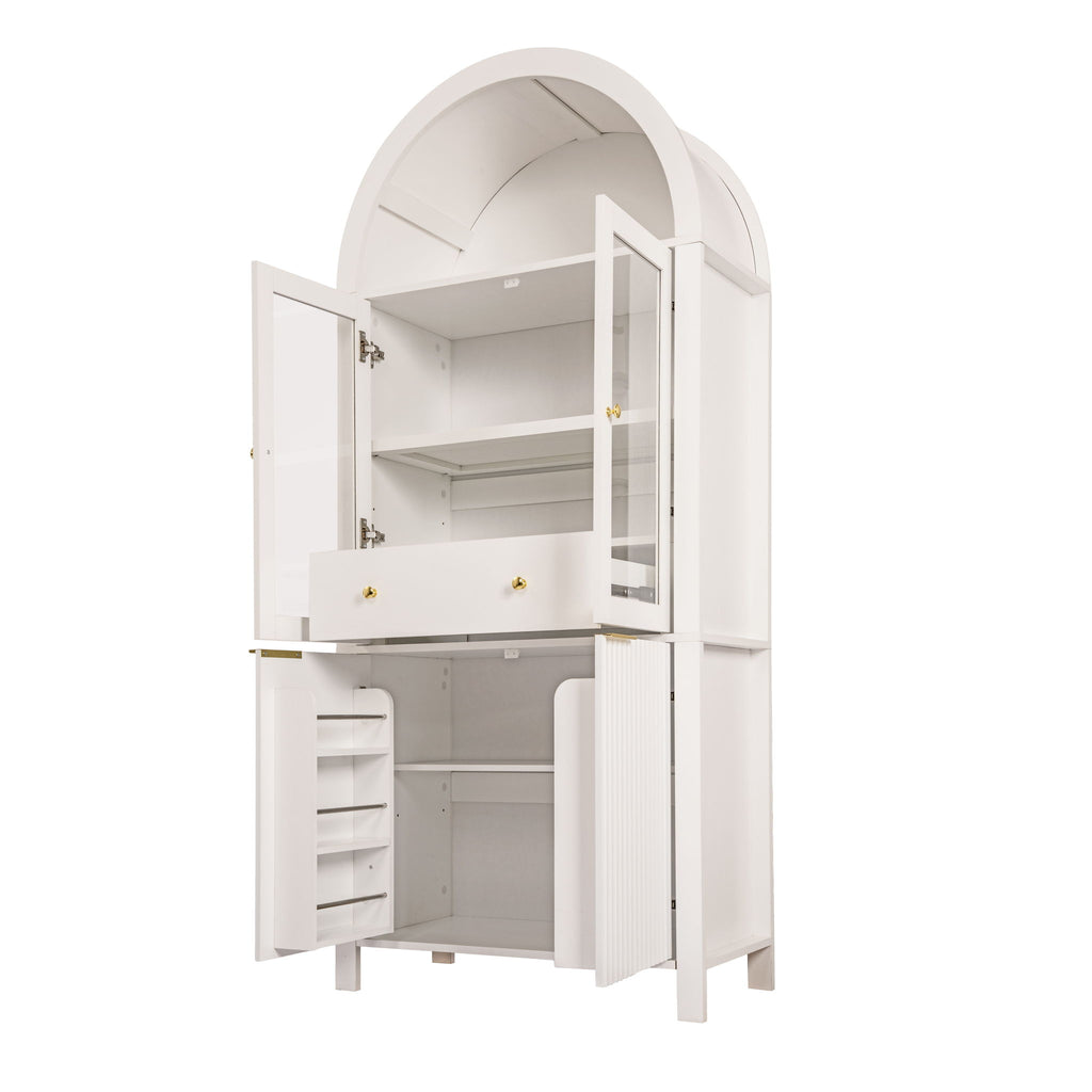 Fluted Tall Arched Pantry Cabinet With Adjustable Shelves, Glass Door & Hidden Drawer For Kitchen