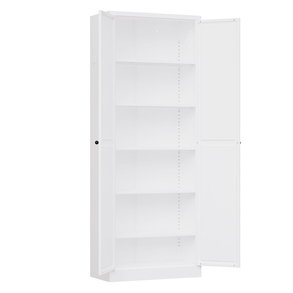 Kitchen Pantry Cabinet With Doors, Heavy-Duty Freestanding Storage Organizer With 5 Adjustable Shelves, Tool Free Assembly - White