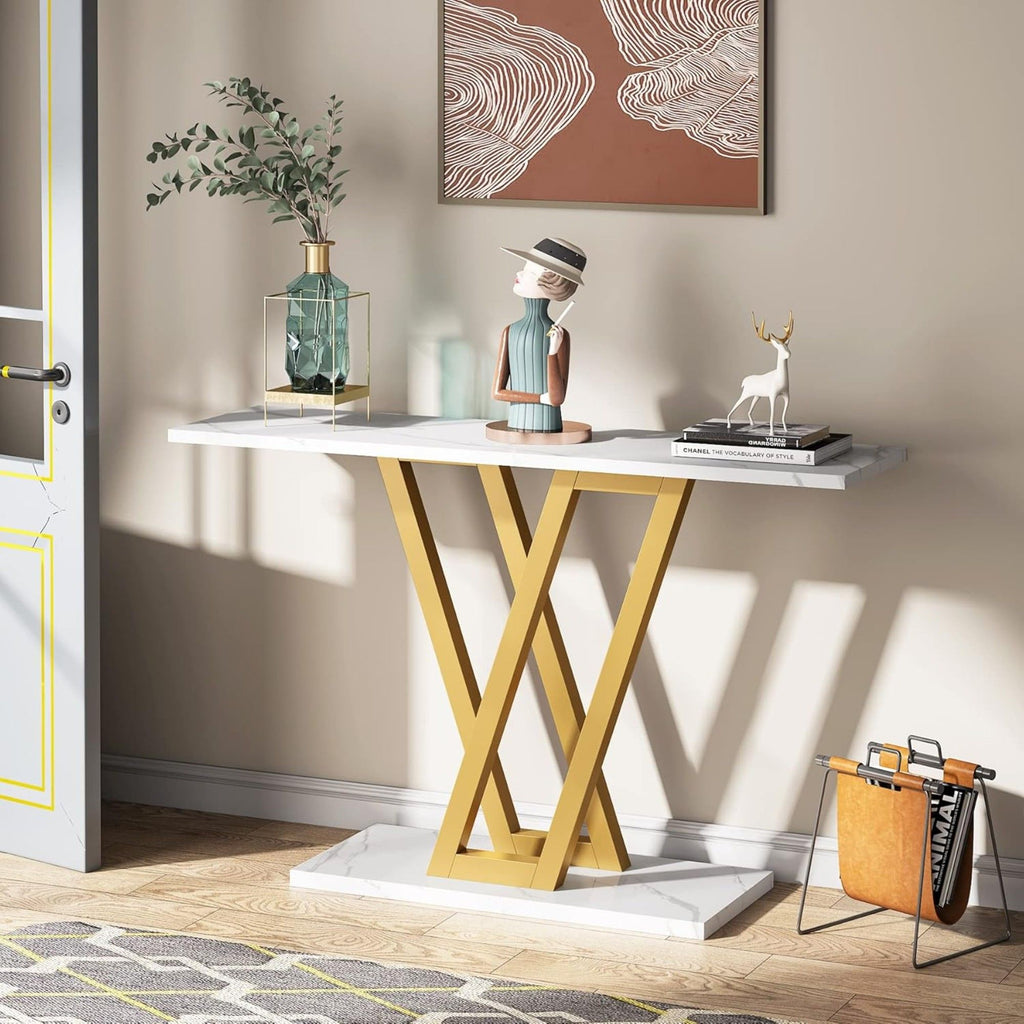 Console Table With Top With V Leg Frame For Hallway, Living Room - White / Gold