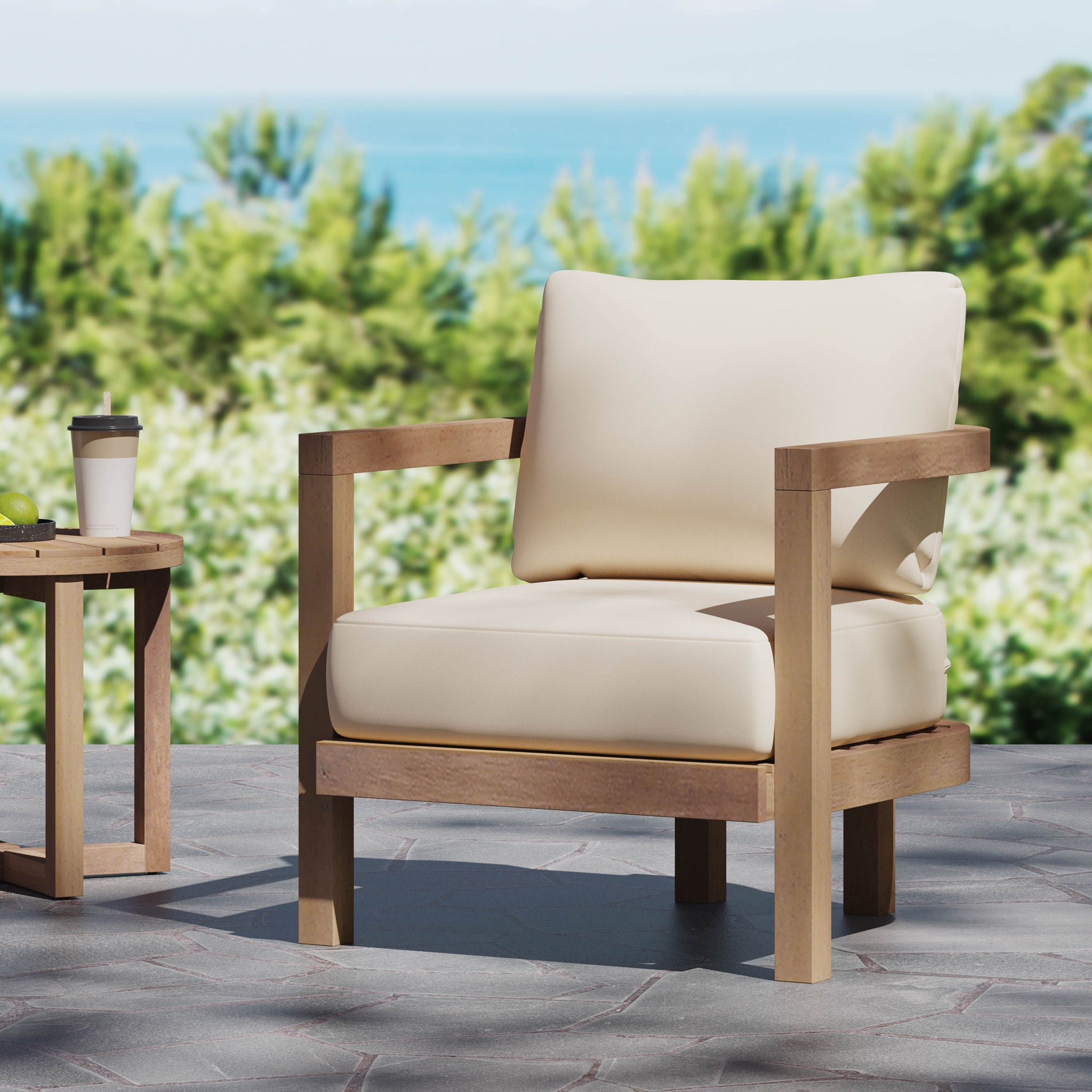Outdoor Acacia Wood Patio Club Chair, Waterproof Thick Cushion, Deep Seating