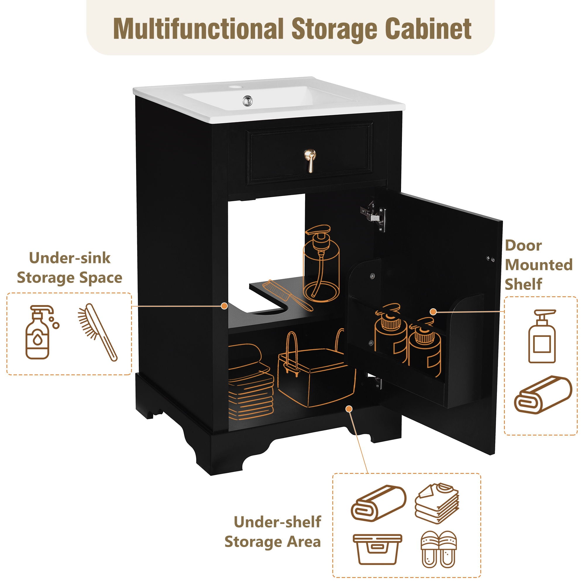 Elegant Bathroom Vanity With Ceramic Sink, Soft Close Door, Adjustable Shelf