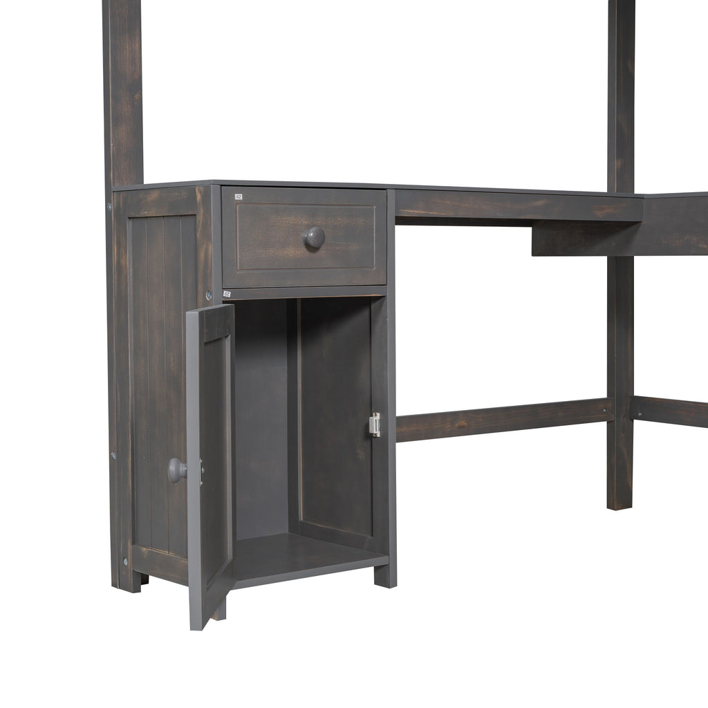 Loft Bed With U Shaped Desk, Drawers, And Storage Shelves