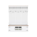 Hall Tree With Bench And Shoe Storage, 5 In 1 Entryway Organizer Cabinet With Coat Rack, 4 Shoe Cubbies & 7 Hooks - White