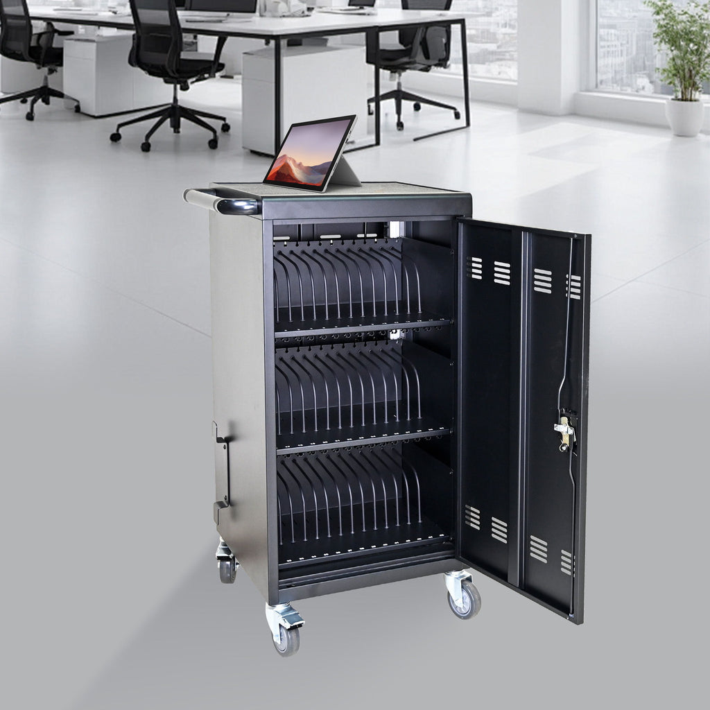 45 Bay Mobile School Charging Cart Station For Chromebook, Tablet And Laptop Computer With Power Strip Included - Black