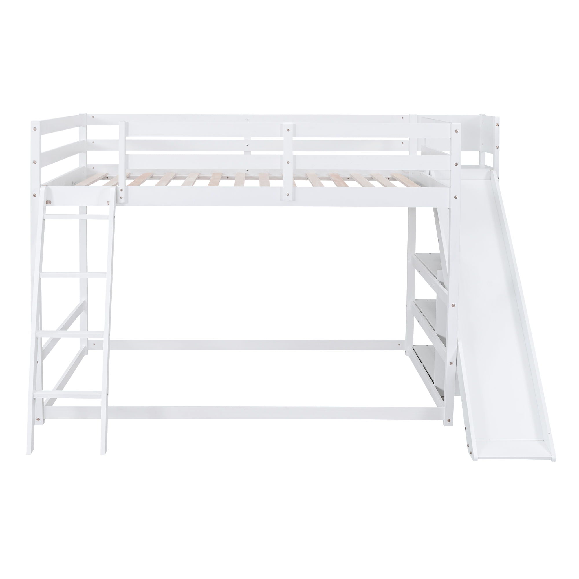 Bunk Bed With Ladder, Slide, And Shelves Pine Wood