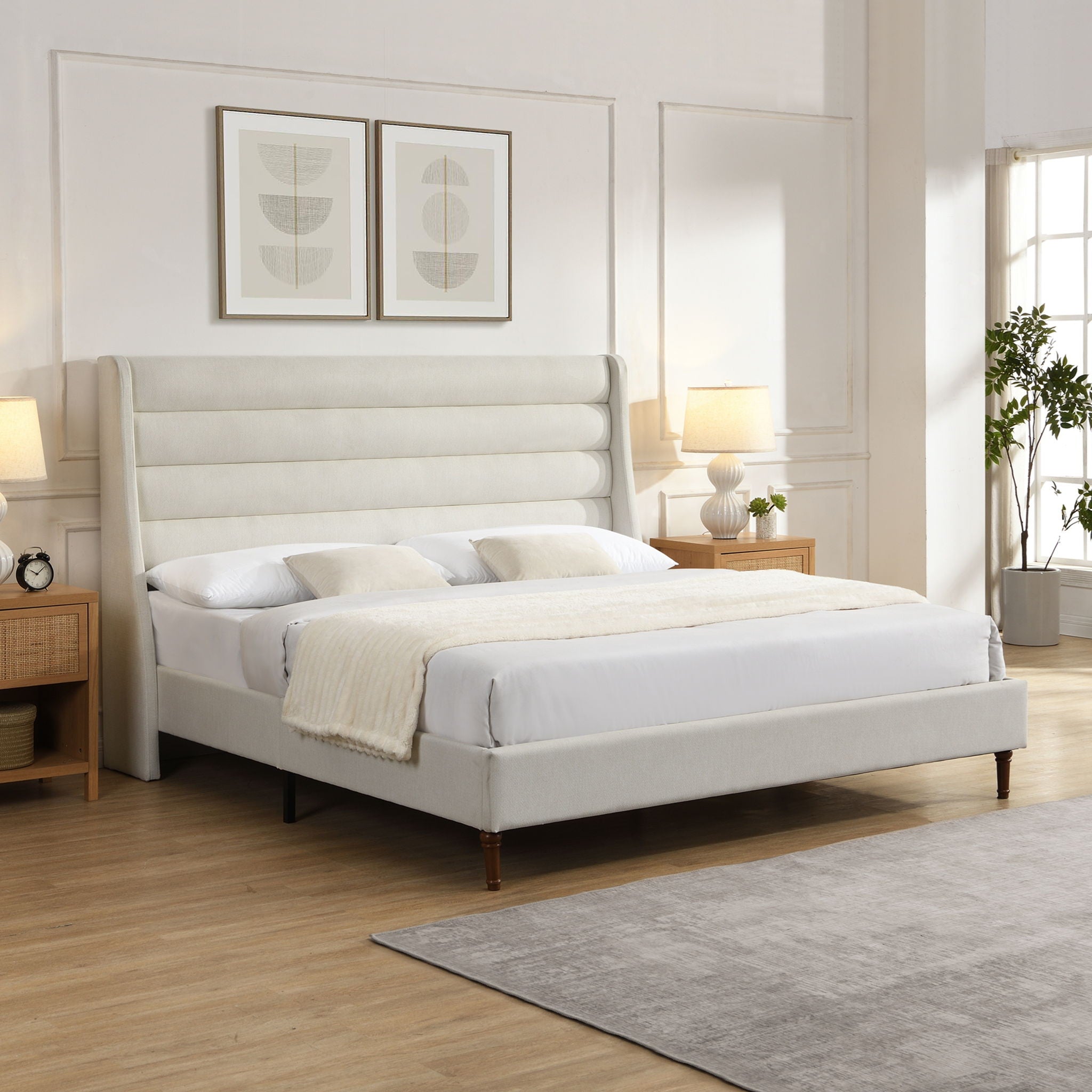 Modern Upholstered Platform Bed With Wave Shaped Headboard