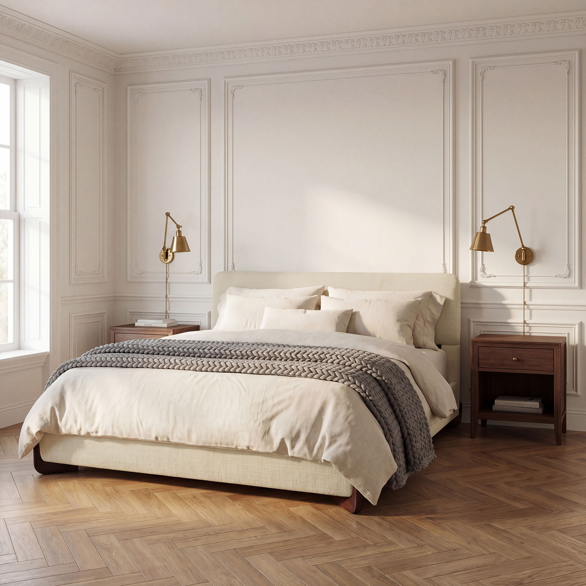 King Upholstered Bed With Slats Support - Beige