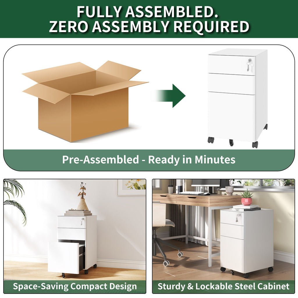 3-Drawer Mobile File Cabinet With Lock, On Wheels, Two Shallow & One Deep Drawer For Office/Home, Fully Assembled - White