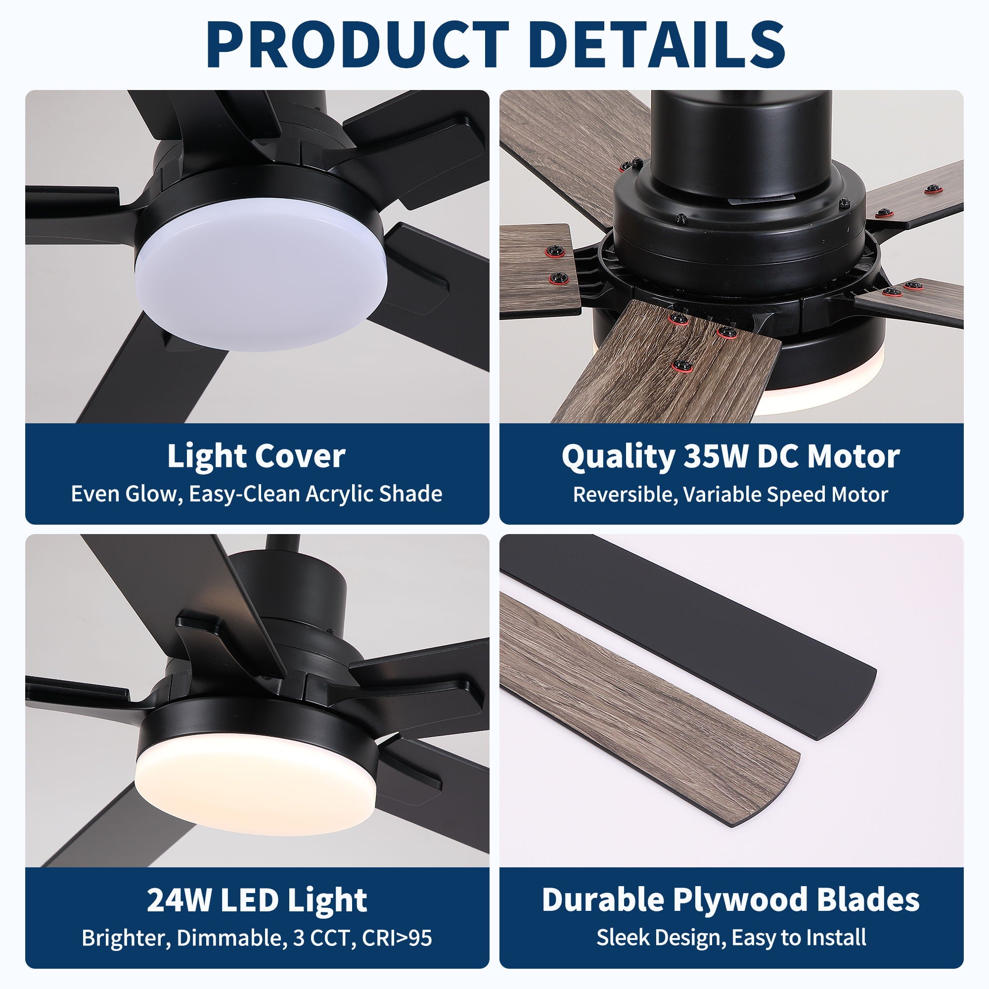 Ceiling Fan With Lights And Remot With Quiet DC Motor, 6 Speeds, Reversible Blades - Black