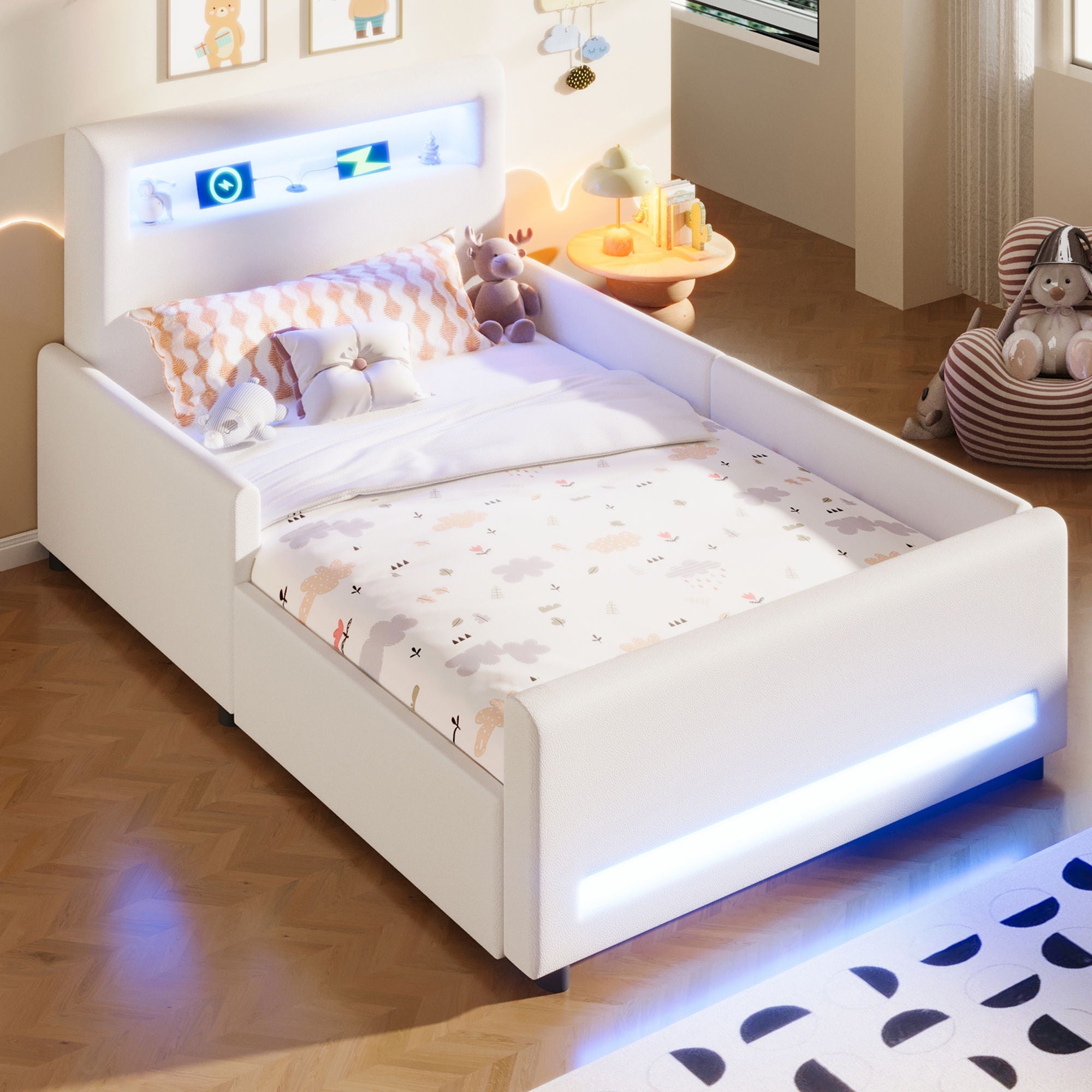 Upholstered Platform Bed With Drawer, LED Light Strip, USB Port