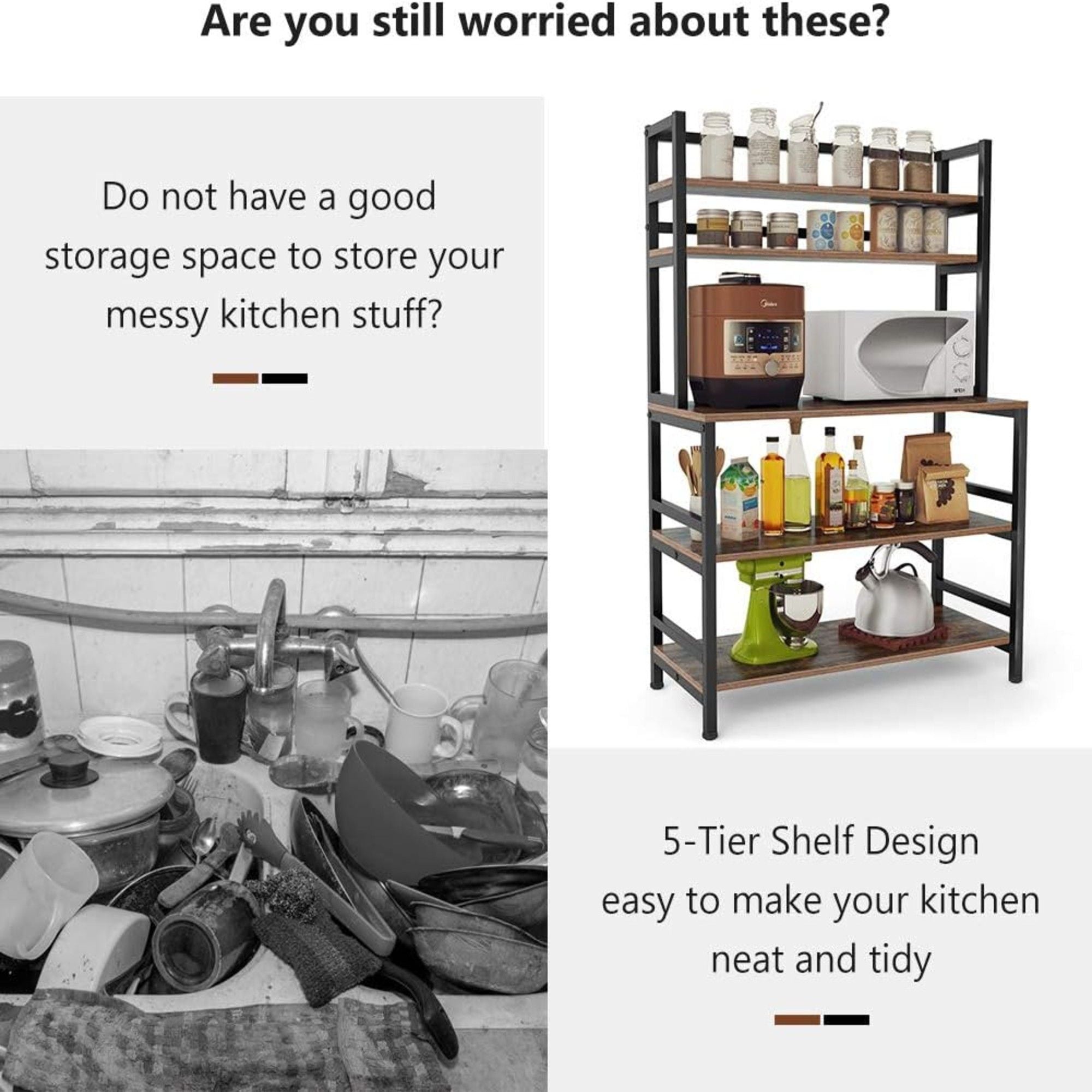 5 Tier Kitchen Bakers Rack With Hutch Microwave Stand, Freestanding Storage Organizer For Countertop - Black