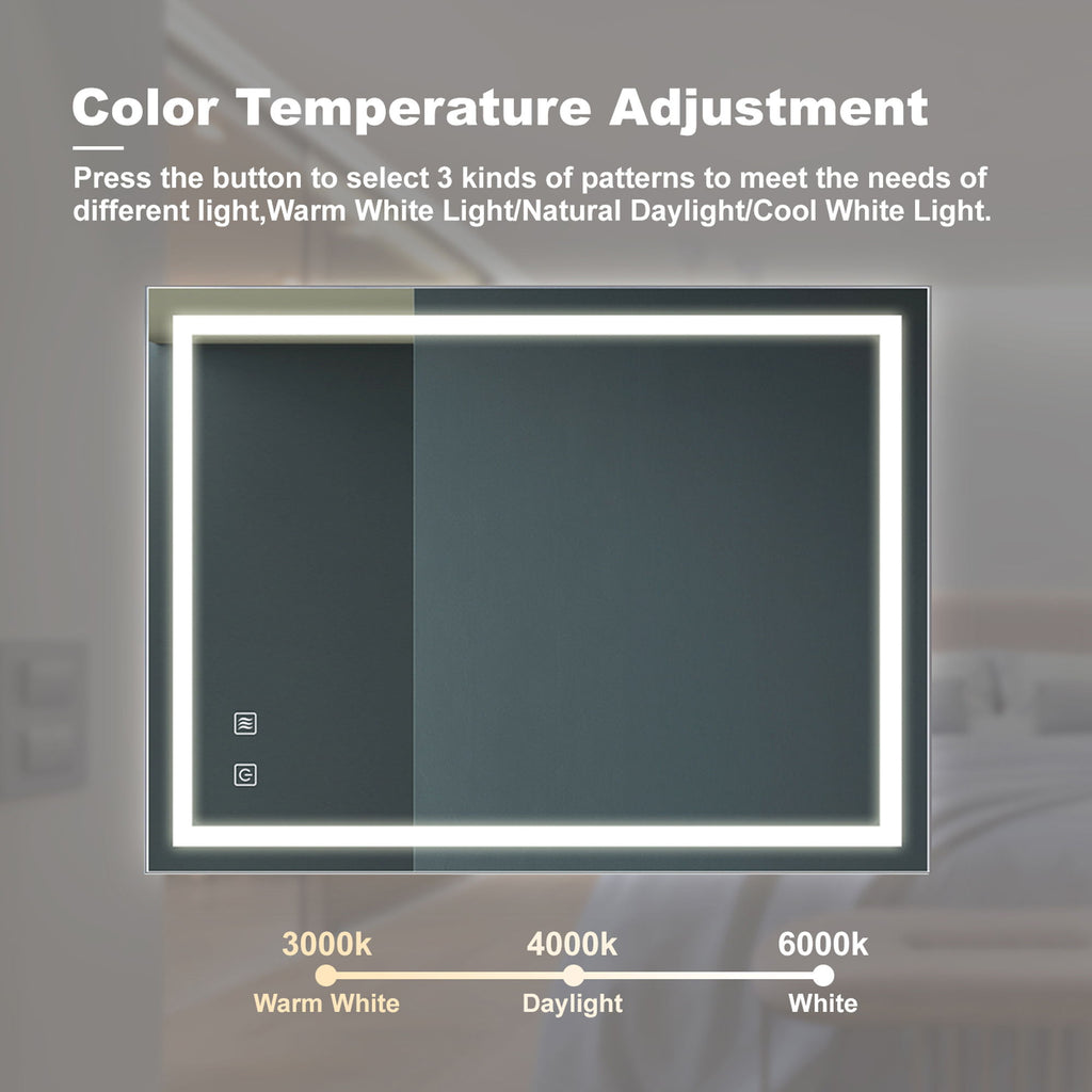 Bathroom Vanity Rectangle Mirror With Front Lighting, Anti Fog, Dimmable, Smart Memory Function