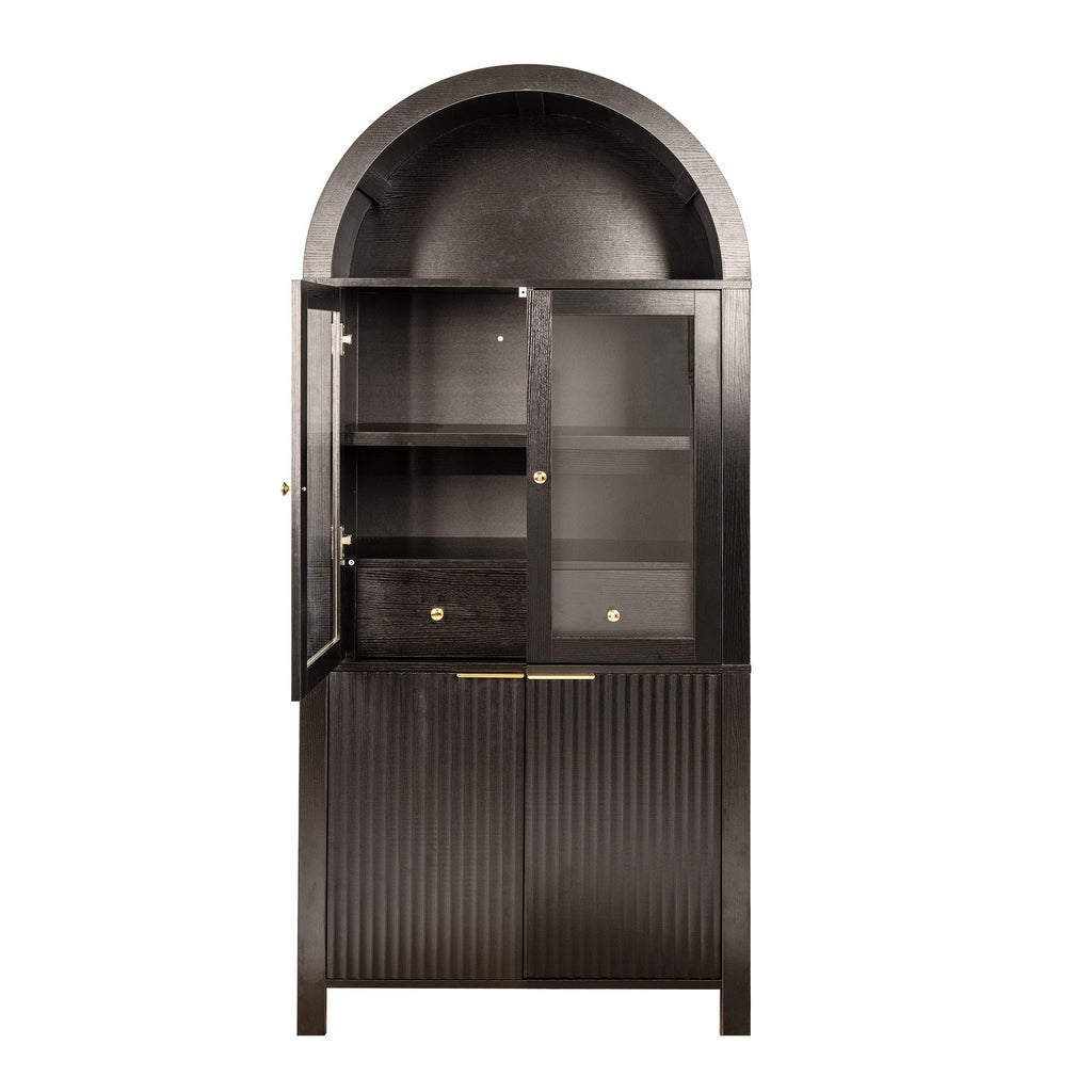Fluted Tall Arched Pantry Cabinet With Adjustable Shelves, Glass Door & Hidden Drawer For Kitchen