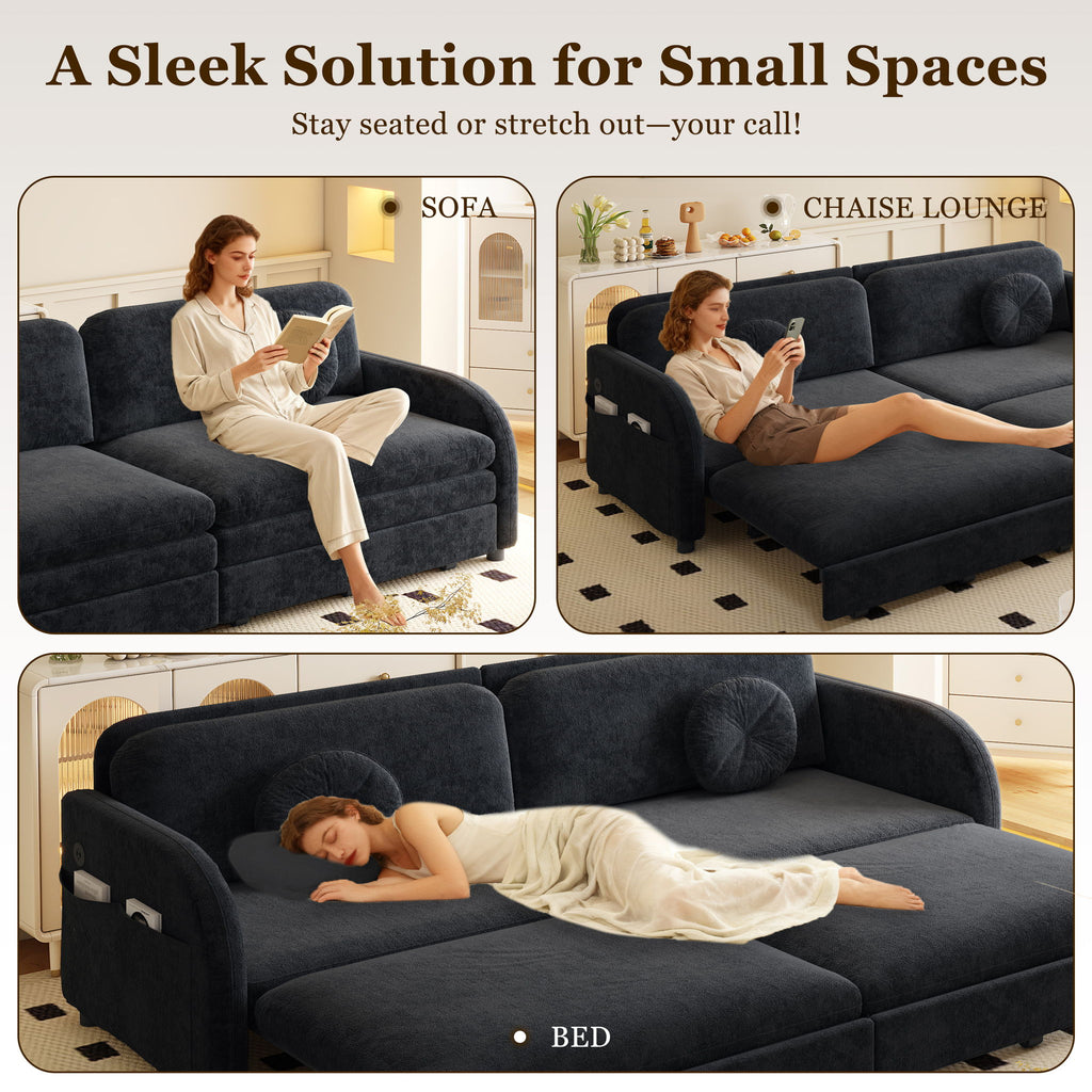 Upholstered Pull Out Couch With Side Pocket & USB Port