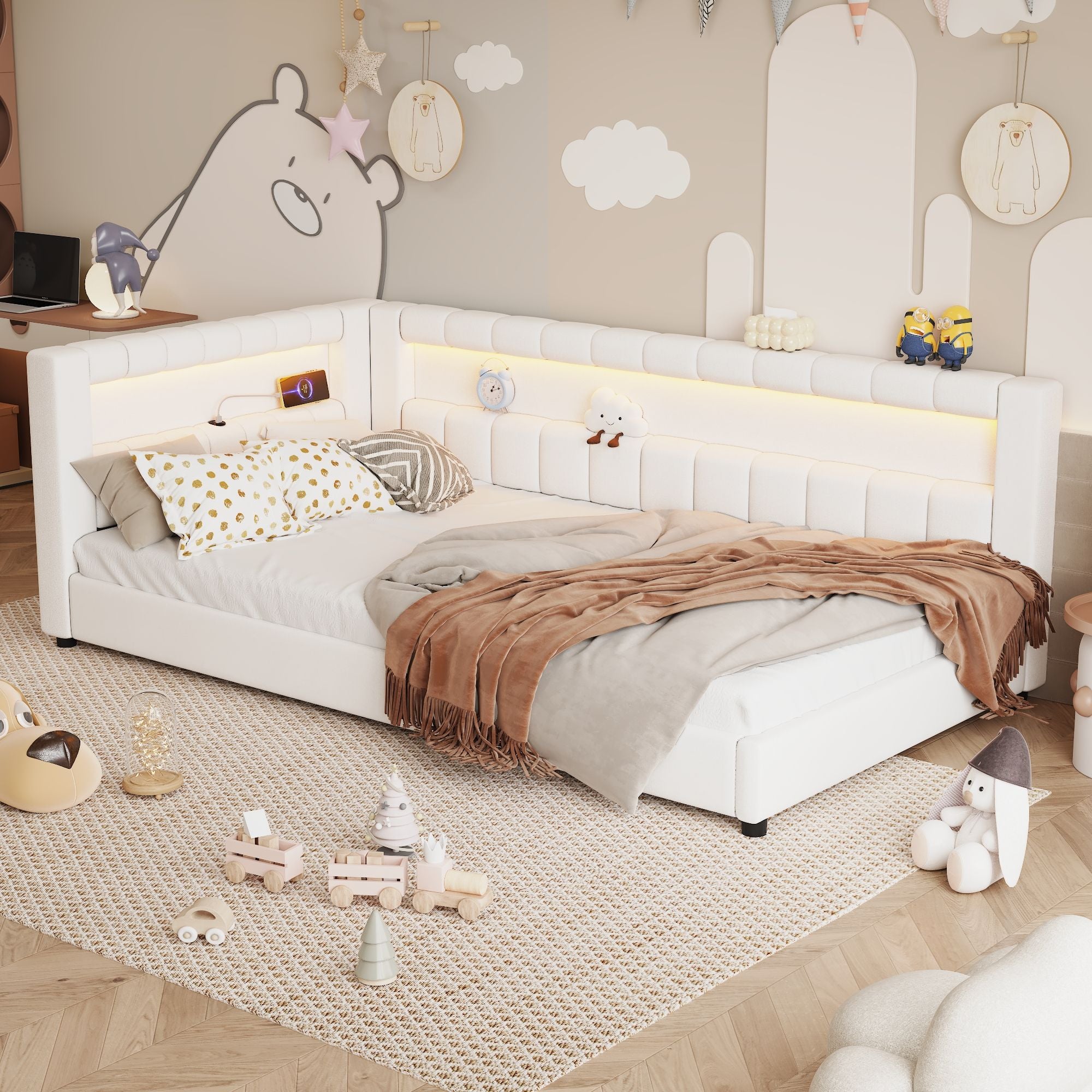 Upholstered Platform Bed With LED Belt And USB Ports