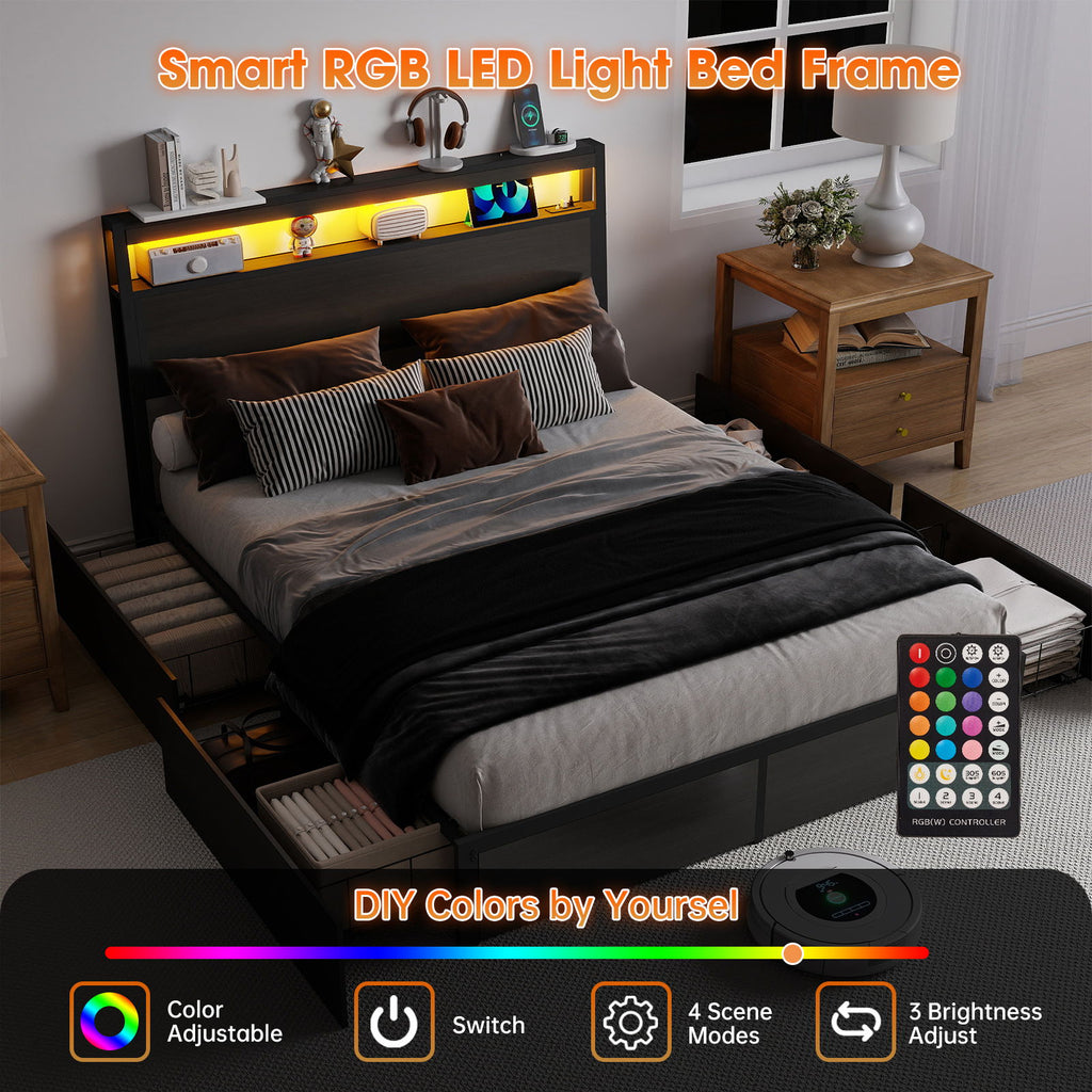 Bed Frame With Headboard, LED Lights & Charging Station