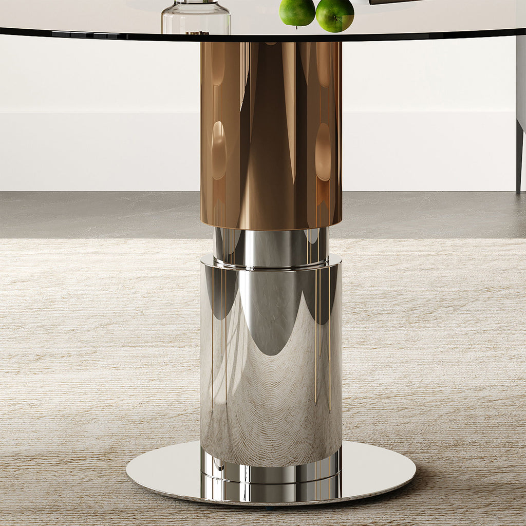 Round Dining Table With Tempered Glass Top - Brown
