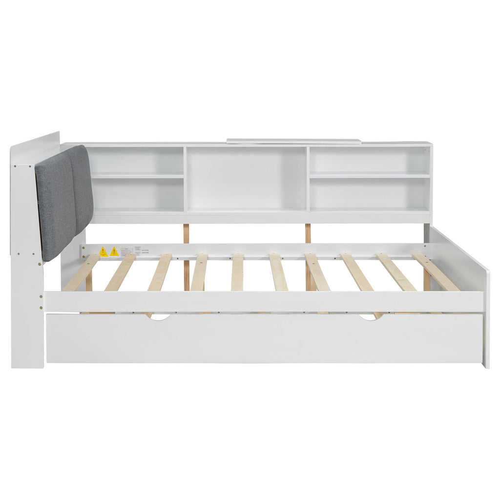 Platform Bed With Trundle, Shelves, And Storage Headboard