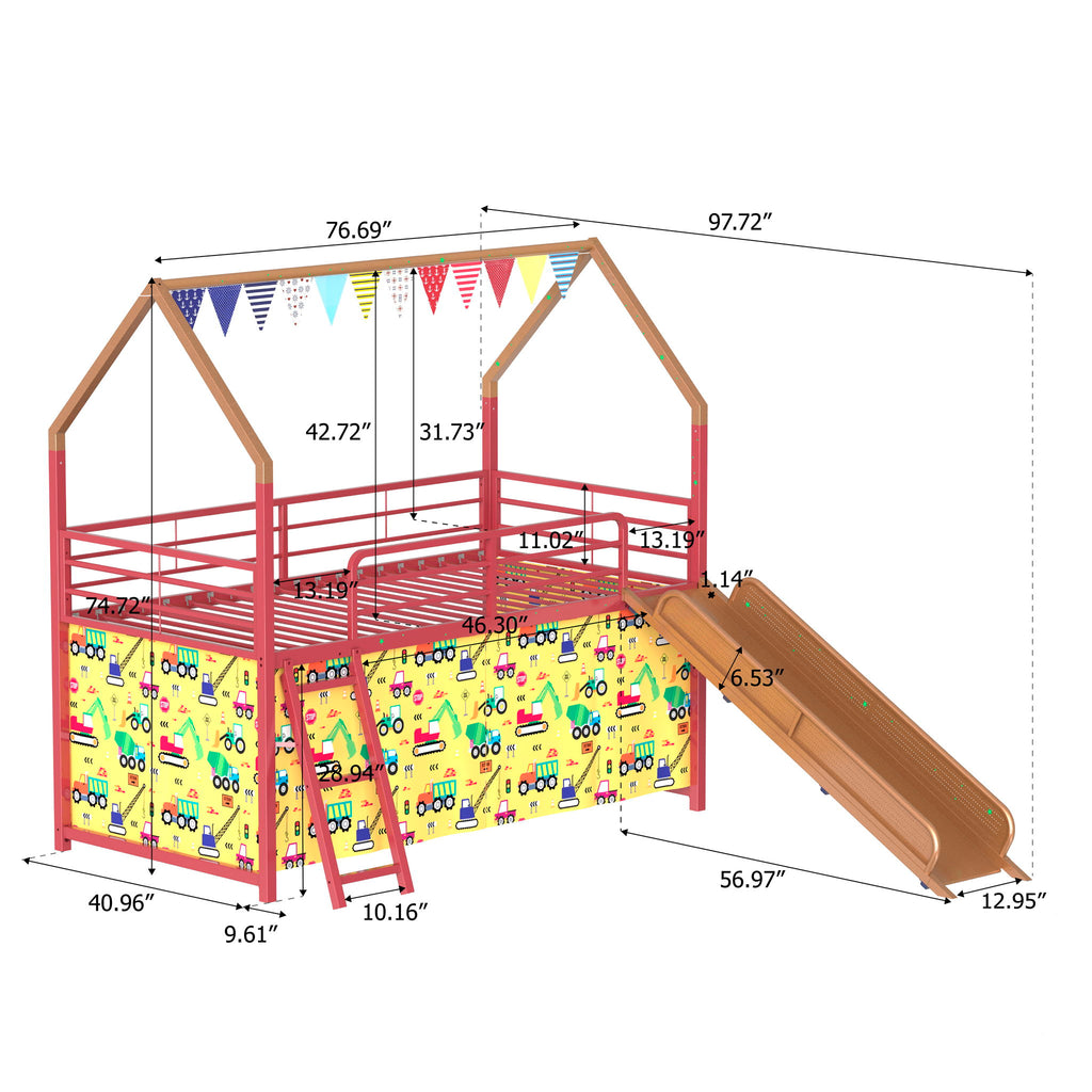 Jack - House Loft Bed With Slide And Curtain Set