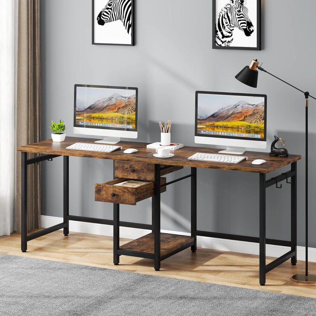 2 Person Computer Desk With Drawers And Shelves, Extra Long Double Workstation