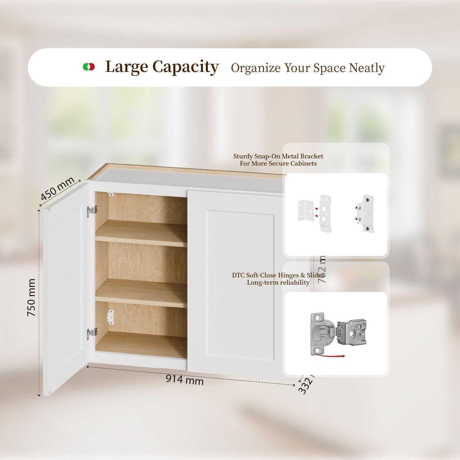 Shaker Wall Cabinet With Soft Close Hinges, Adjustable Shelves, Double Door