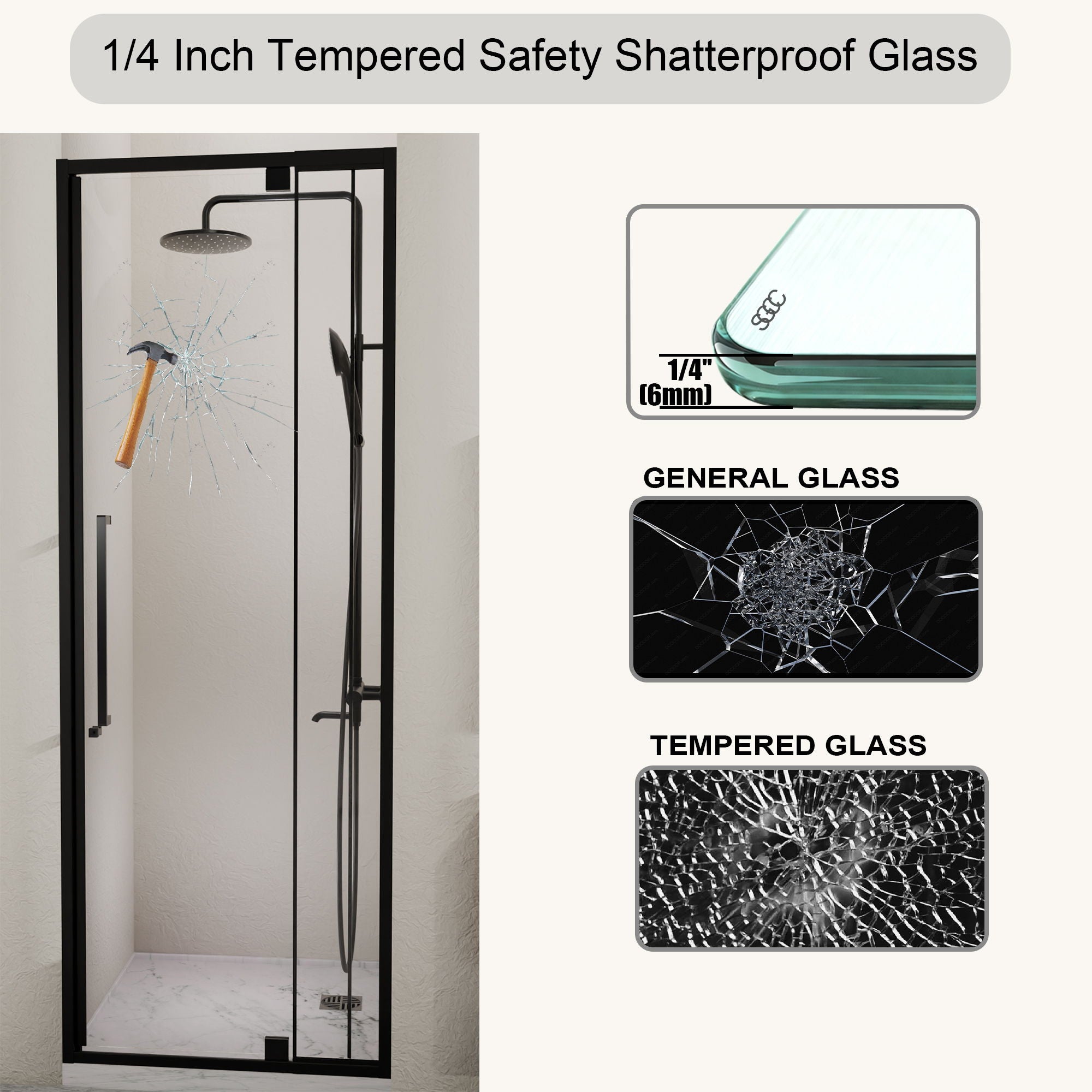 Semi Frameless Pivot Hinged Shower Door, Reversible Design