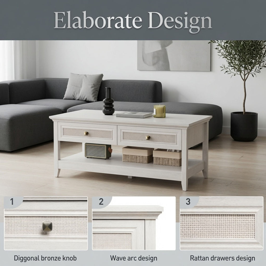 Coffee Table With Drawers & Storage Shelf - White