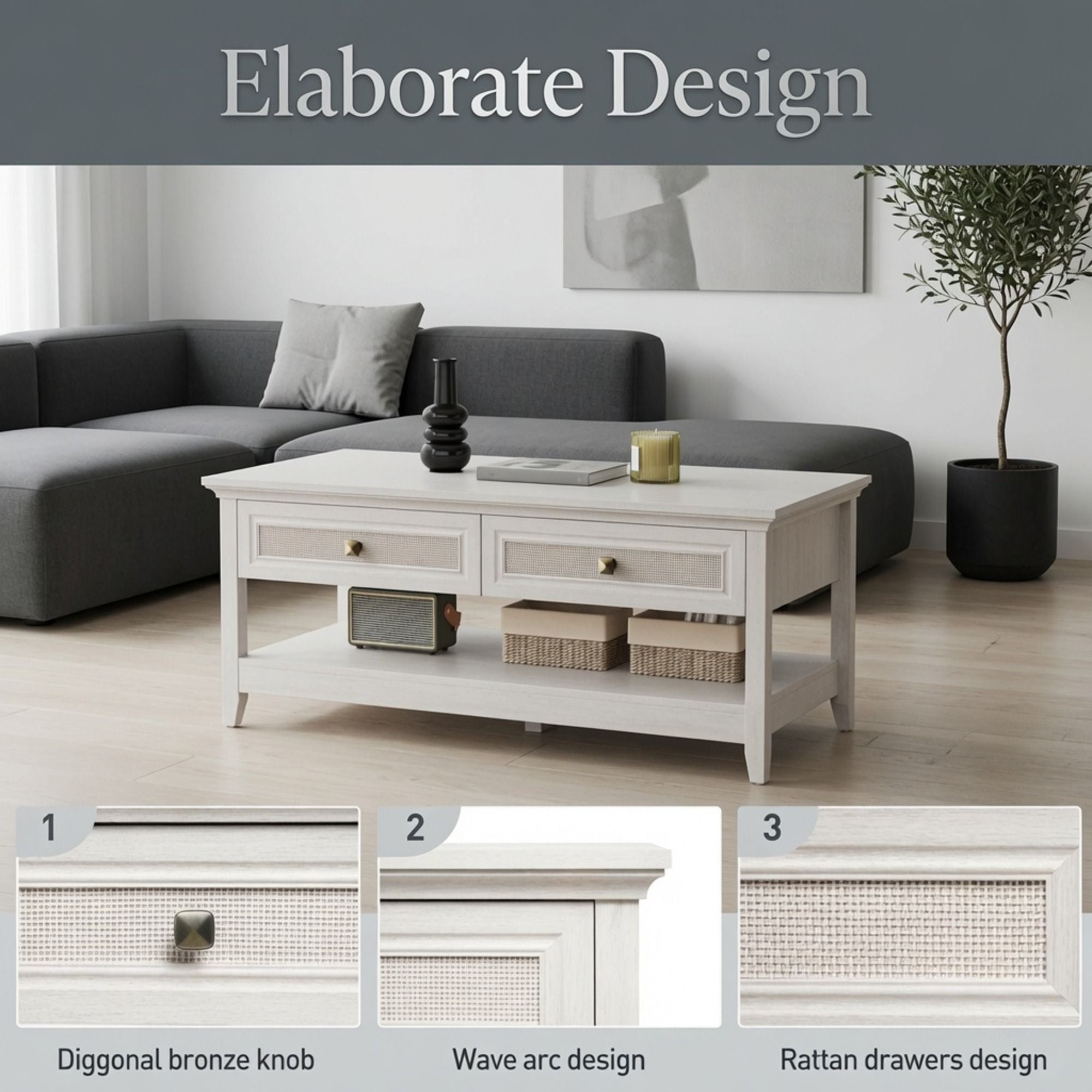 Coffee Table With Drawers & Storage Shelf - White