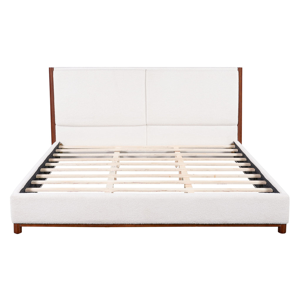 King Upholstered Bed Frame, No Box Spring Needed - Walnut / White