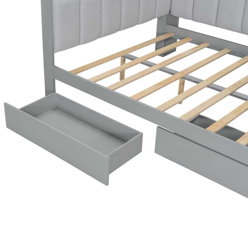 Daybed With Upholstered Headboard, Storage Shelves, Drawers, Charging Station, LED Light, And Adjustable Desk