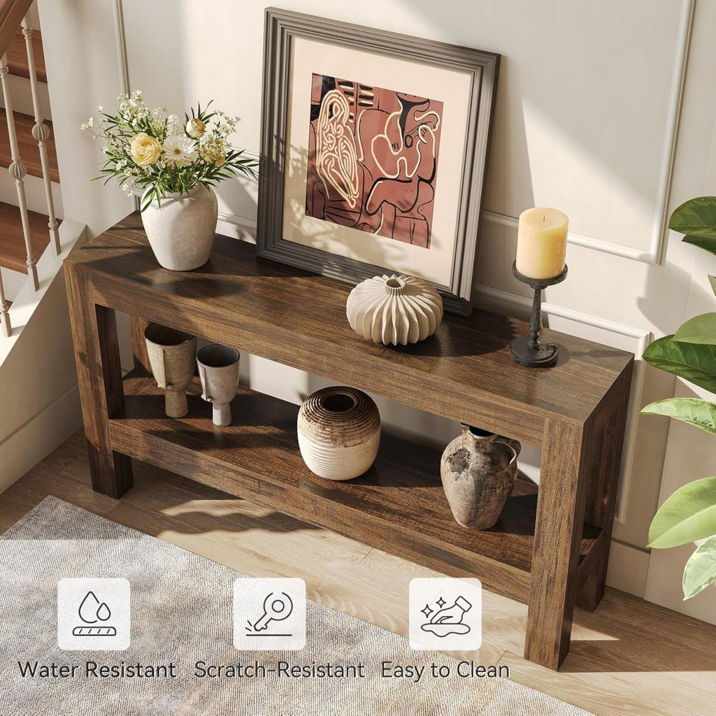 2 Tier Narrow Console Table With Storage For Entryway - Brown