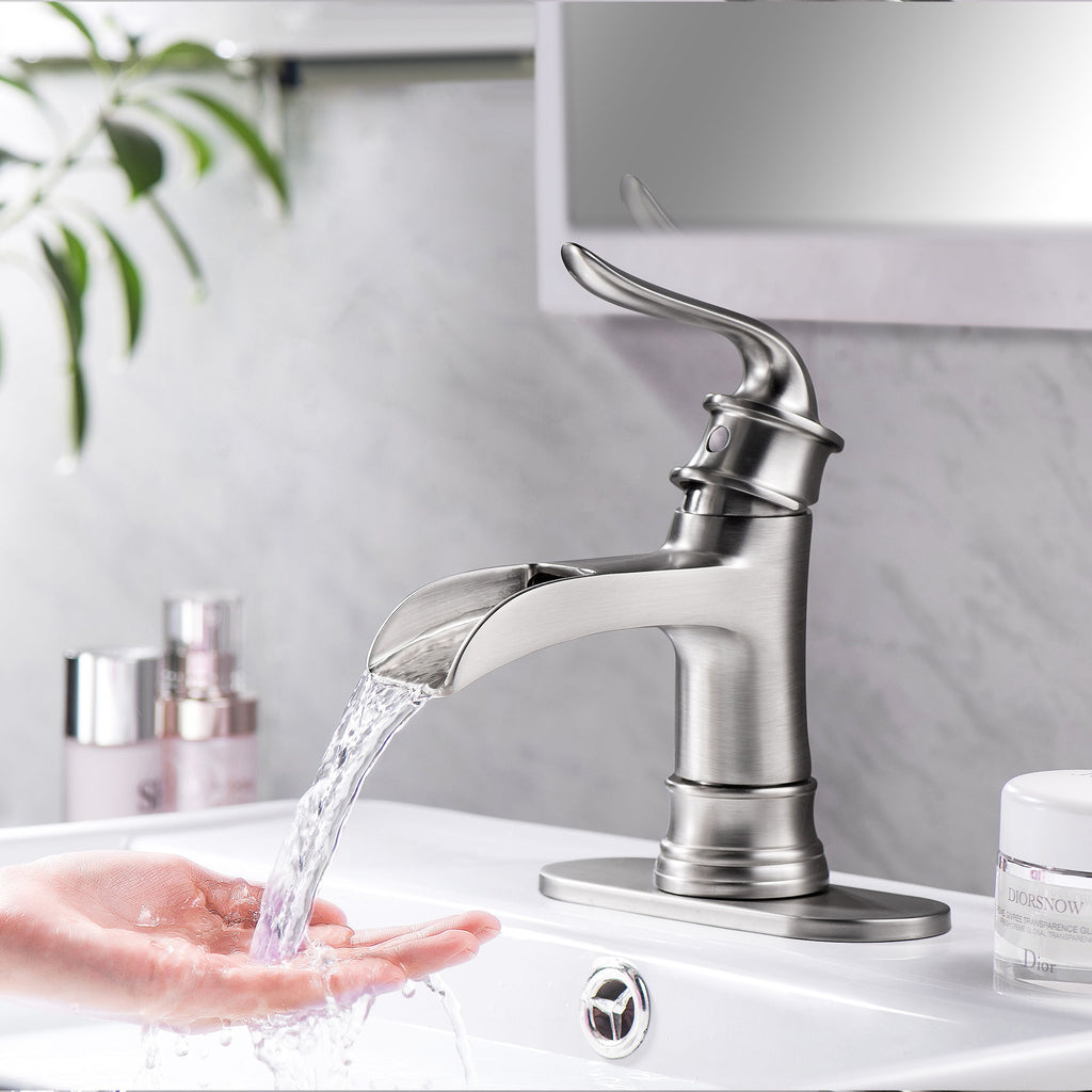 Waterfall Spout Bathroom Faucet With Single Handle And Pop Up Drain - Brushed Nickel