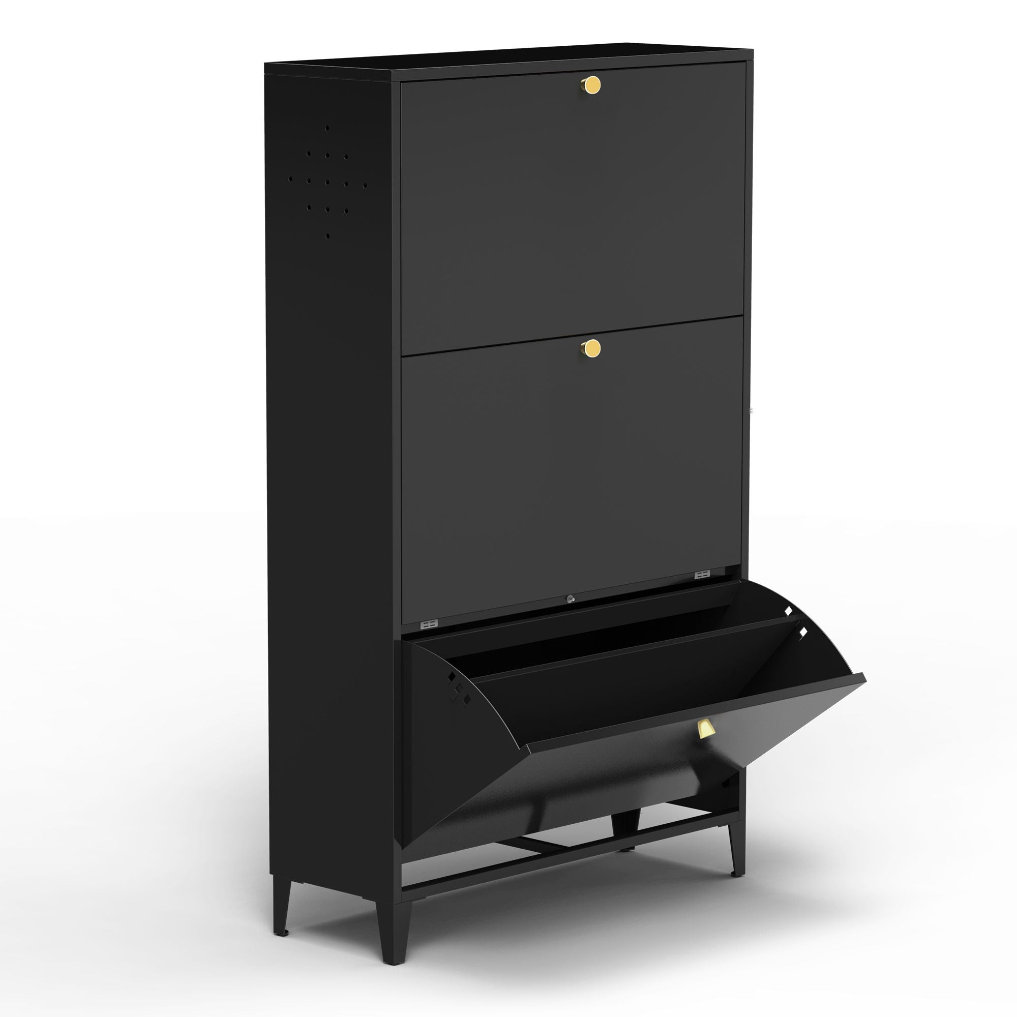 3 Drawer All Steel Shoe Cabinet, Freestanding Storage Organizer With Flip Door