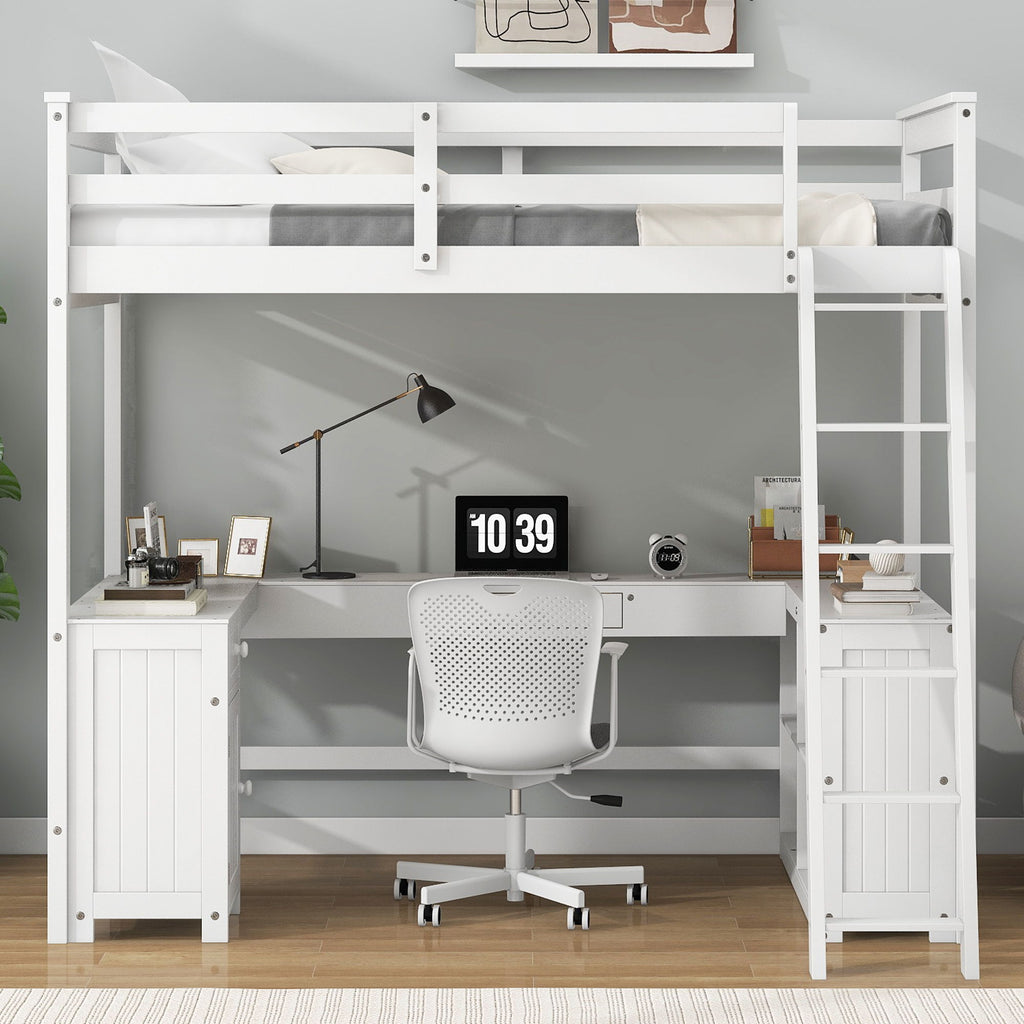 Loft Bed With U Shaped Desk, Drawers, And Storage Shelves