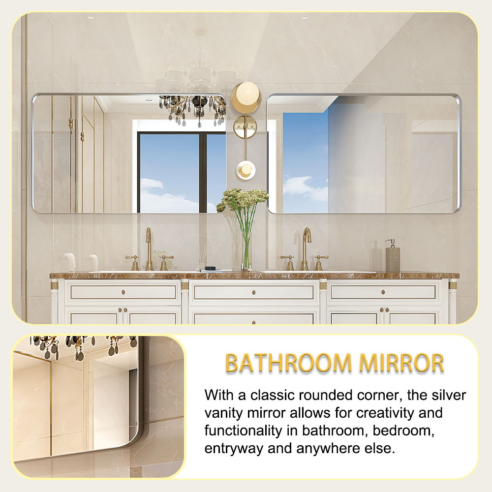 Glossy Brushed Rounded Corner Rectangle Wall Mirror For Bathroom Metal Frame Wall Mounted Bathroom Mirror Home Decor Corner Hangs Farmhouse Mirror (Horizontal & Vertical) - Silver