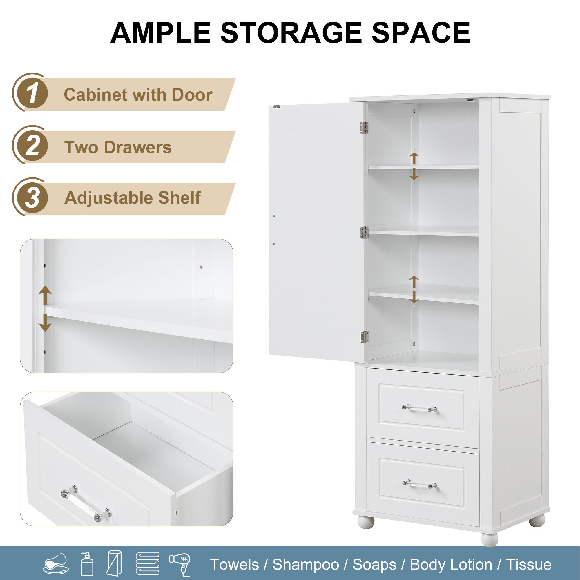Tall Freestanding Bathroom Storage Cabinet With 2 Drawers And Adjustable Shelf