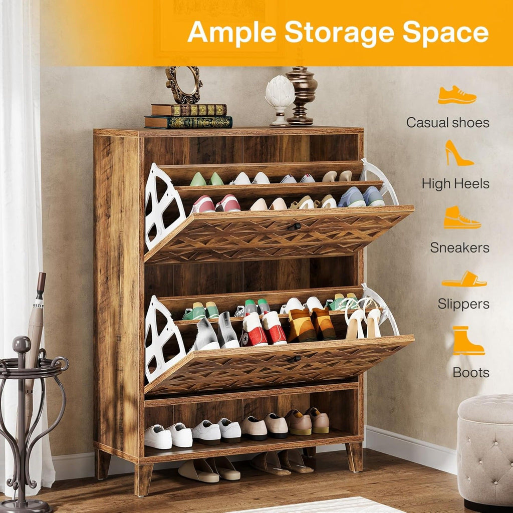Narrow Shoe Cabinet With 2 Flip Drawers For Entryway Organizer - Rustic Brown