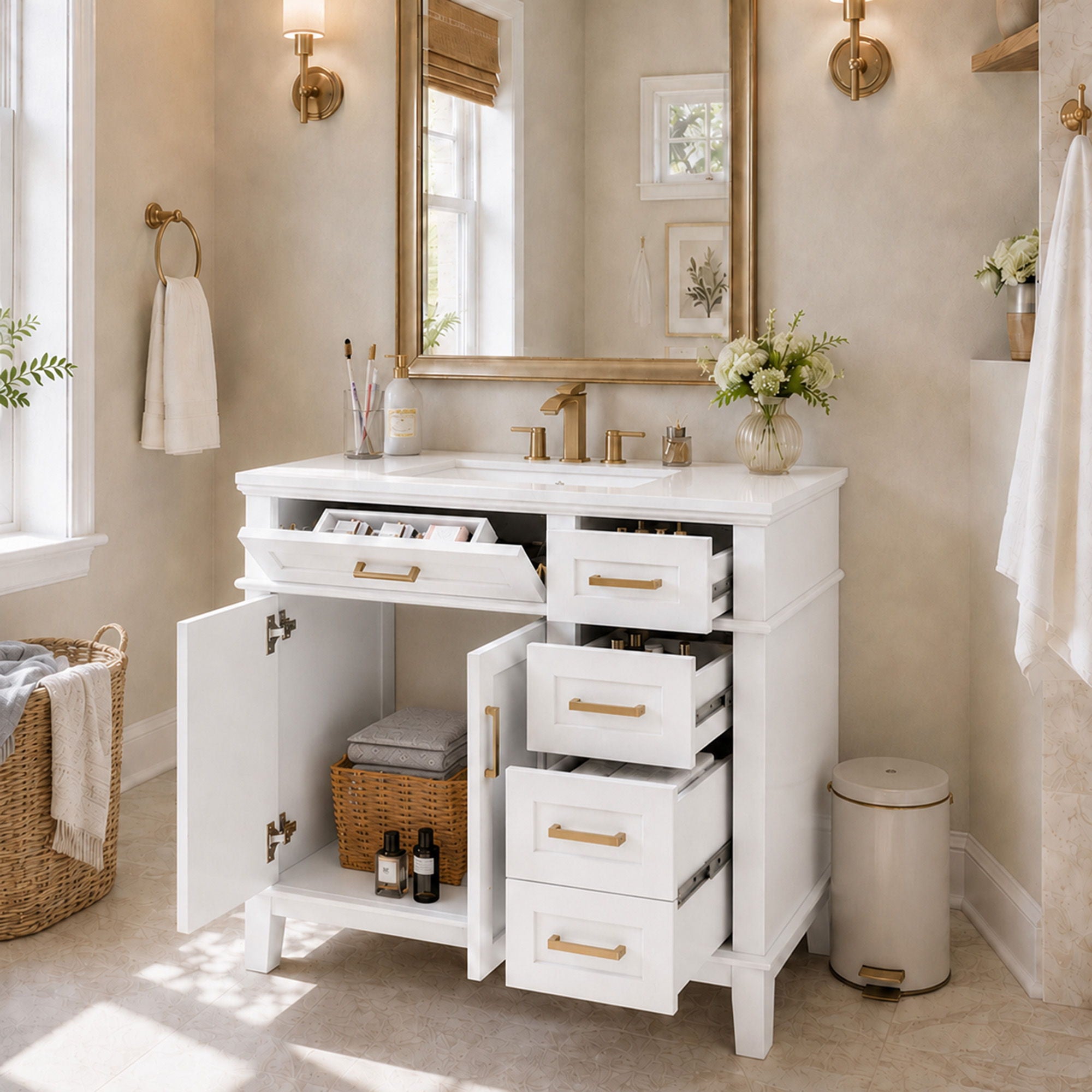 Modern Bathroom Vanity With Sink, Soft Close Doors, 4 Storage Drawers