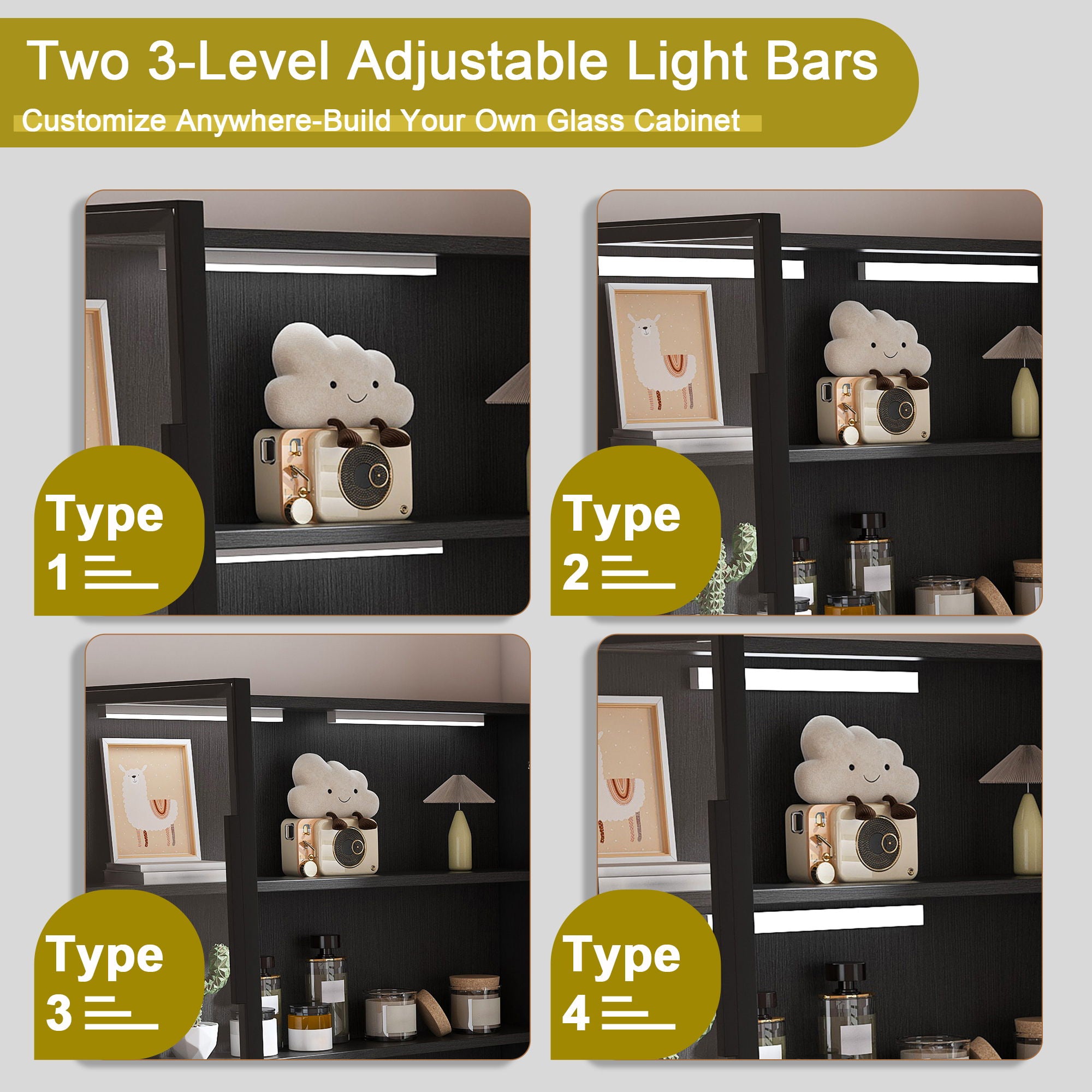 L-Shaped Computer Desk With Glass Cabinets, Built In LED Lights, USB Charging Ports