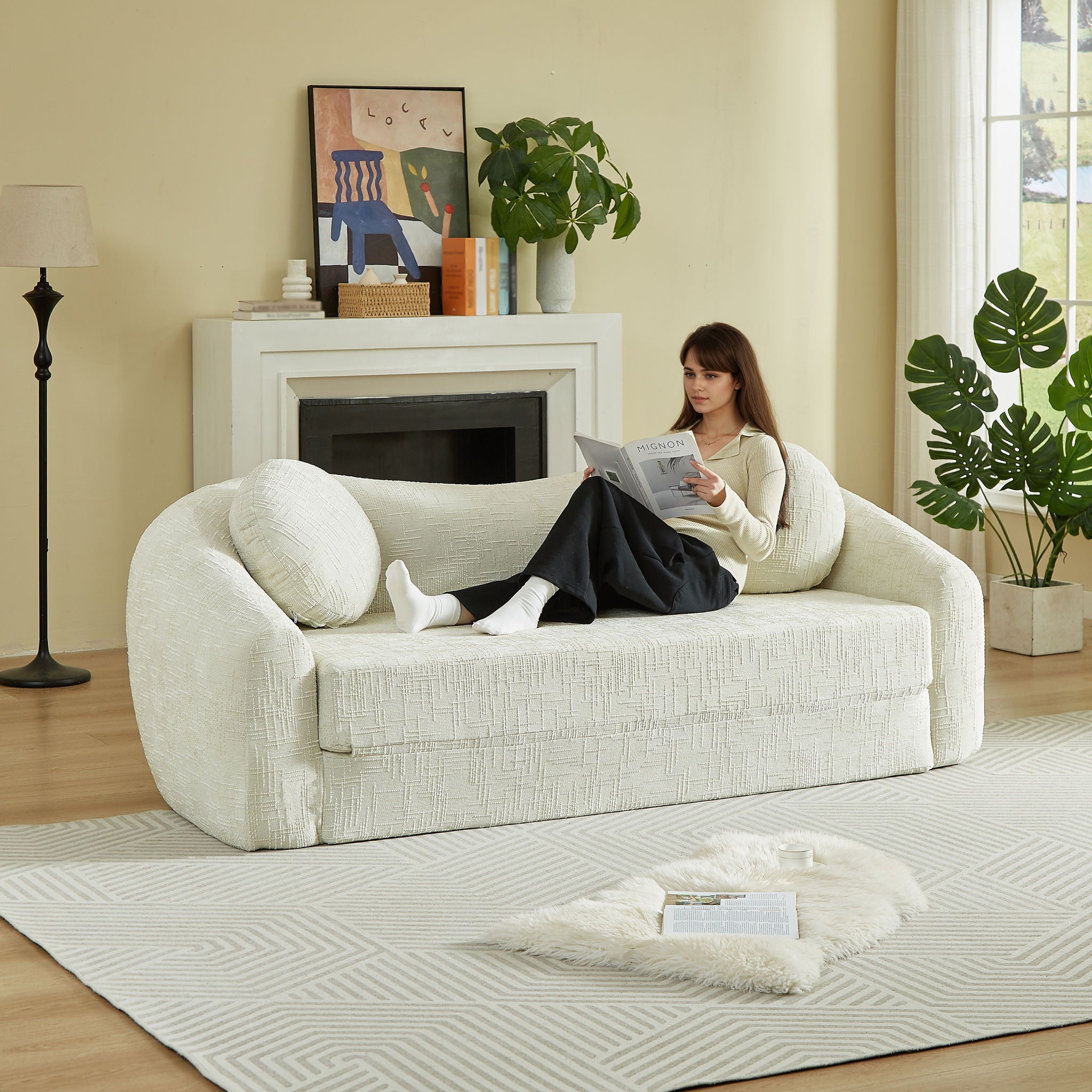 Curved Convertible Sofa, 2 In 1 Frameless Folding Sofa Bed With Pull Out Base And Deep Seat