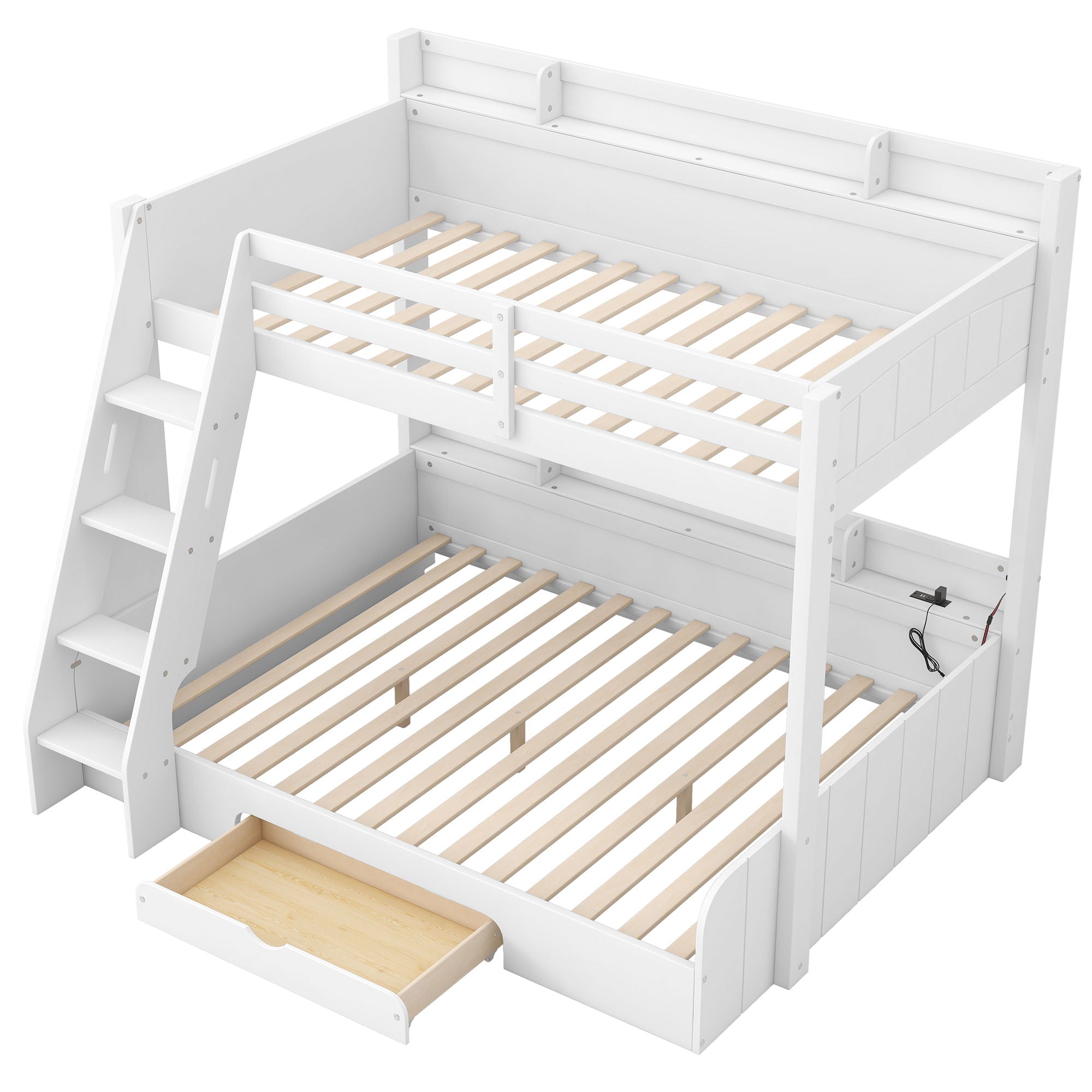 Bunk Bed With Storage Shelves, LED Lighting, Charging Station And Drawer