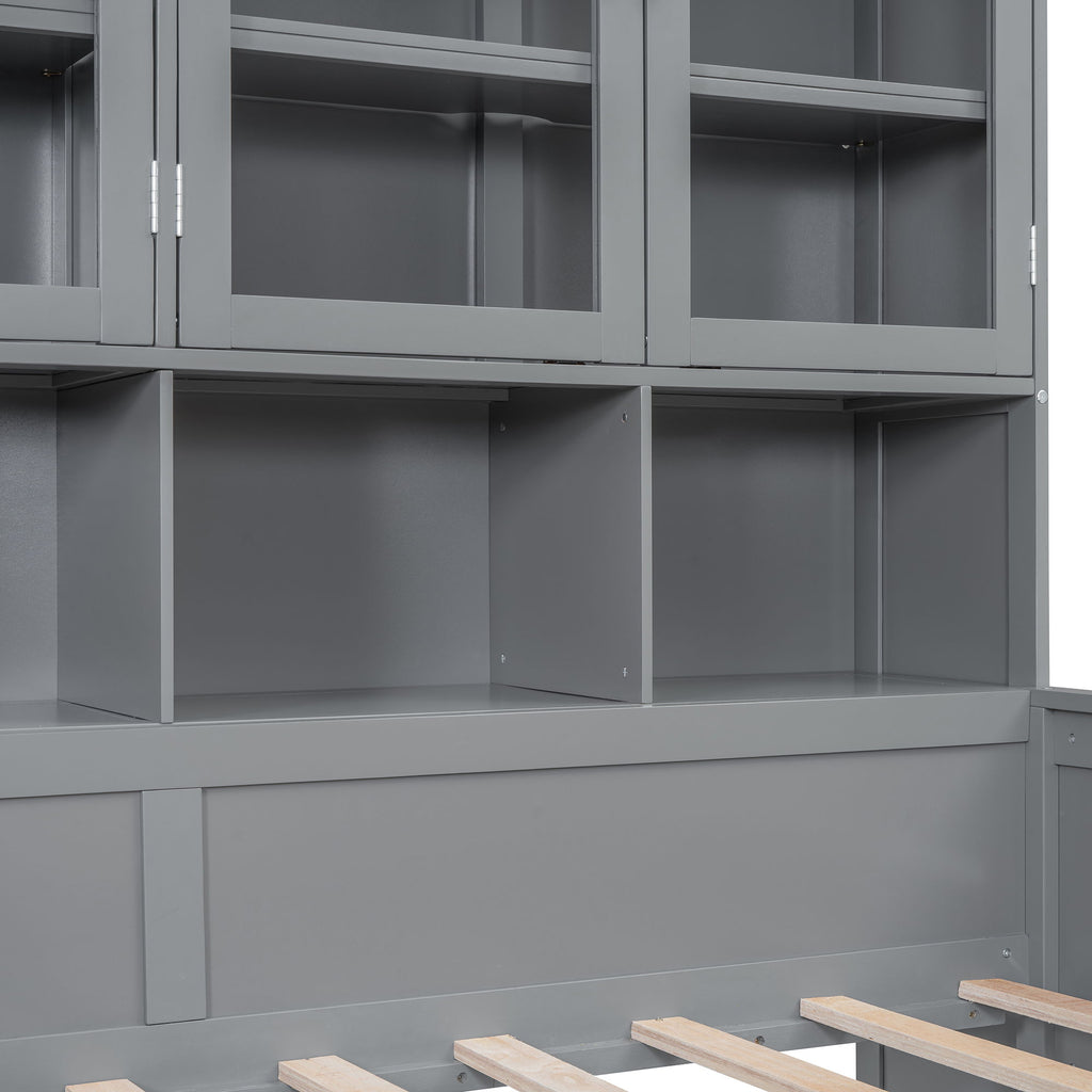 Daybed With Glass Door Storage Cabinets, Built In LED Lighting And Shelves