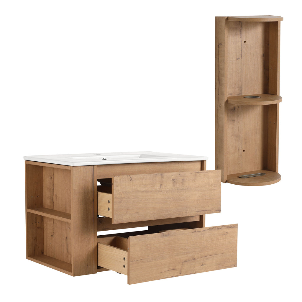 Modern Wall Mounted Bathroom Vanity With Ceramic Sink And Storage Rack, 2 Soft Close Drawers