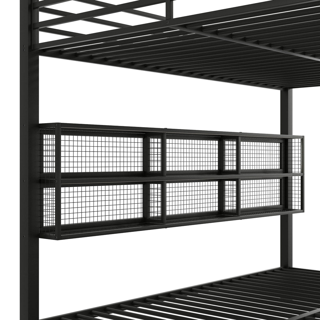 Queen Over Queen Bunk Bed With Storage Cabinets And LED Sturdy Frame, 6 Storage Units, Adjustable LED Lights - Black
