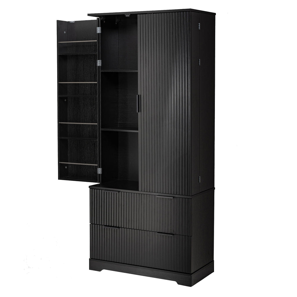 Fluted Kitchen Pantry Cabinet With 2 Large Drawers & 8 Door Spice Rack Freestanding Storage Organizer - Black