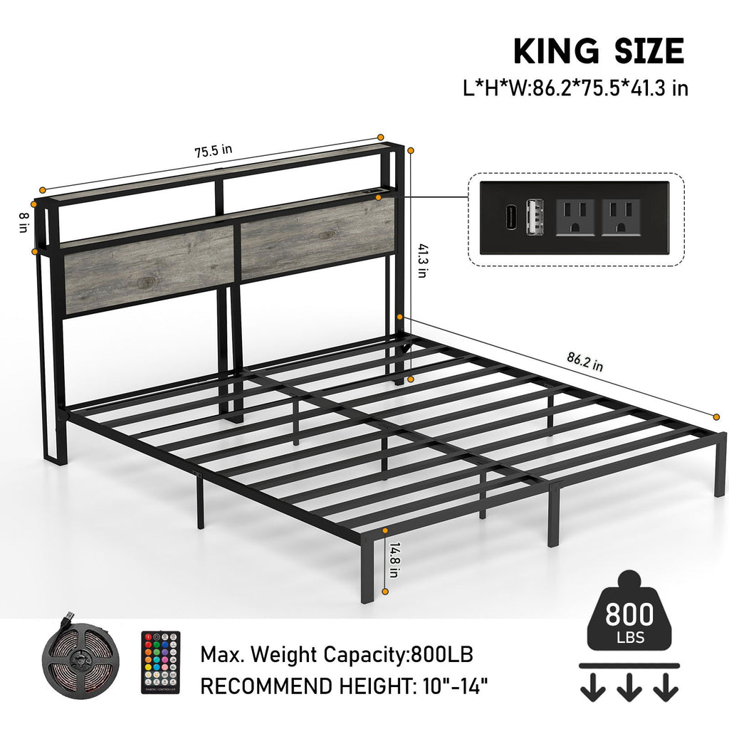 Bed Frame With Headboard, LED Lights & Charging Station